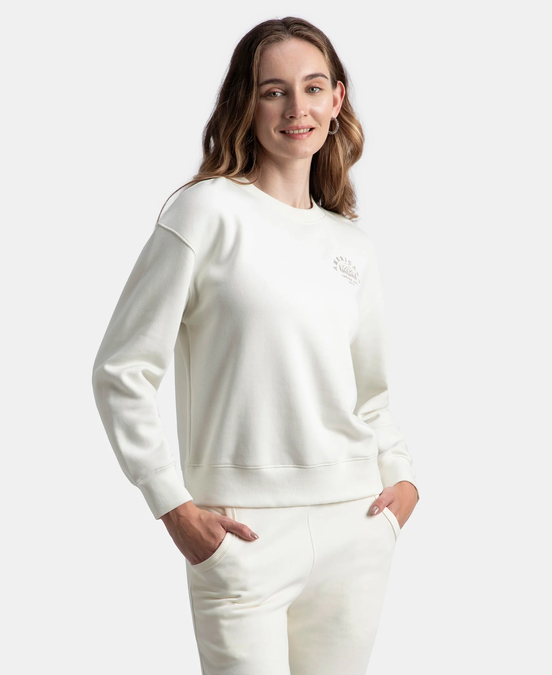 Super Combed Cotton Rich Fleece Fabric Printed Sweatshirt with Drop Shoulder Styling - Cannoli Cream - Image 2