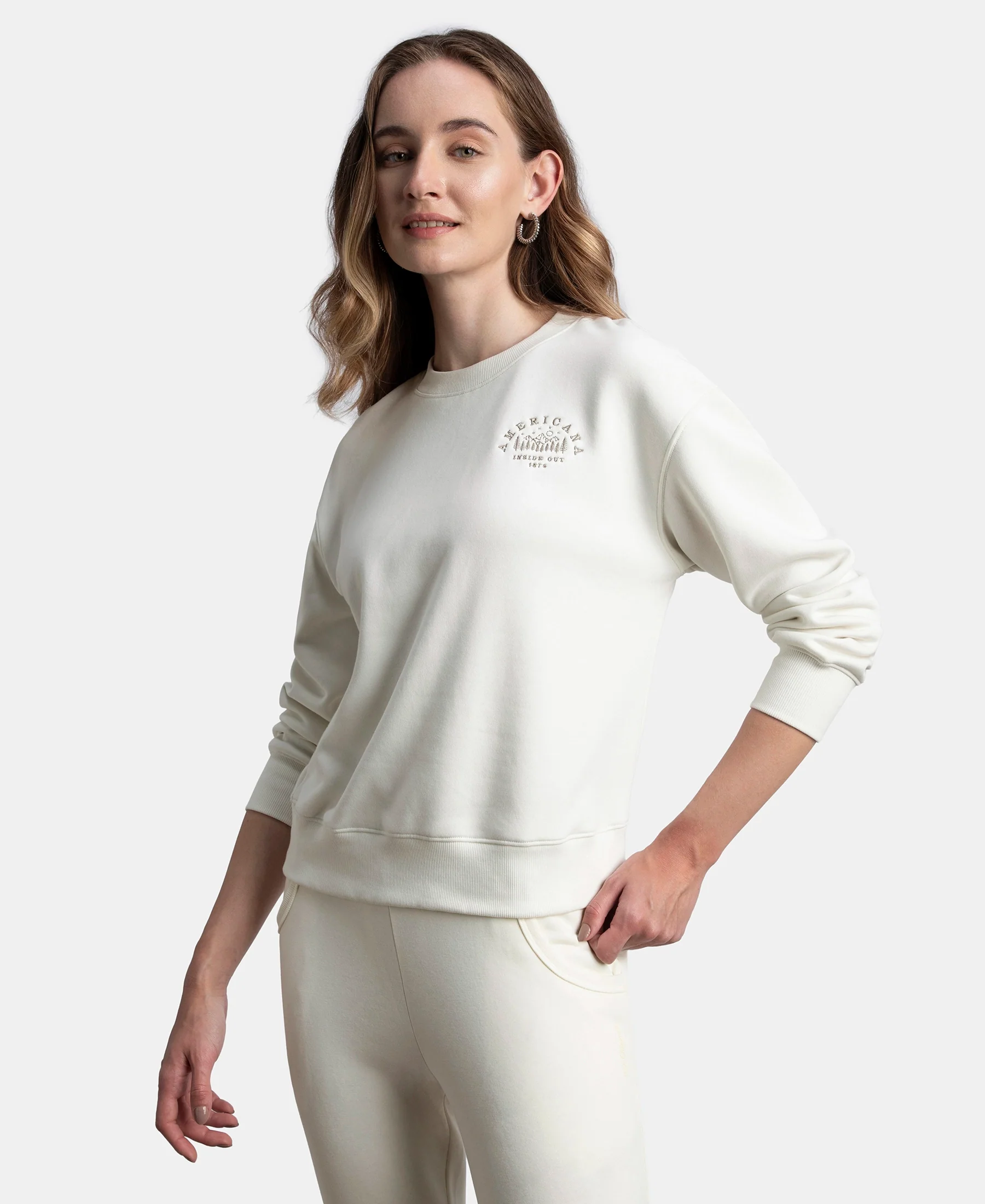 Super Combed Cotton Rich Fleece Fabric Printed Sweatshirt with Drop Shoulder Styling - Cannoli Cream - Image 5