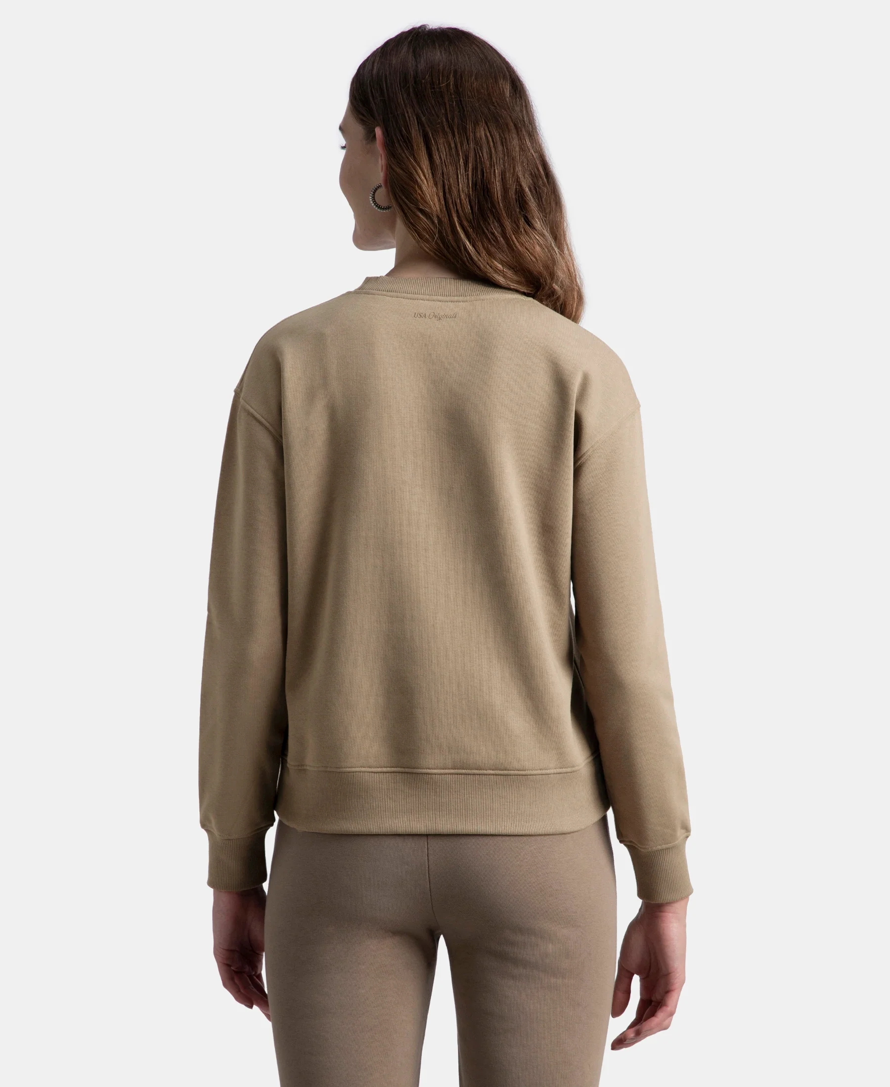 Super Combed Cotton Rich Fleece Fabric Printed Sweatshirt with Drop Shoulder Styling - Desert Taupe - Image 3