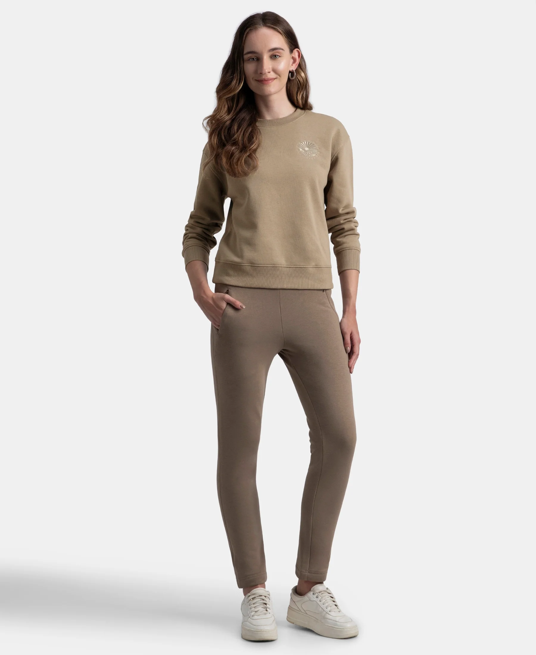 Super Combed Cotton Rich Fleece Fabric Printed Sweatshirt with Drop Shoulder Styling - Desert Taupe - Image 4