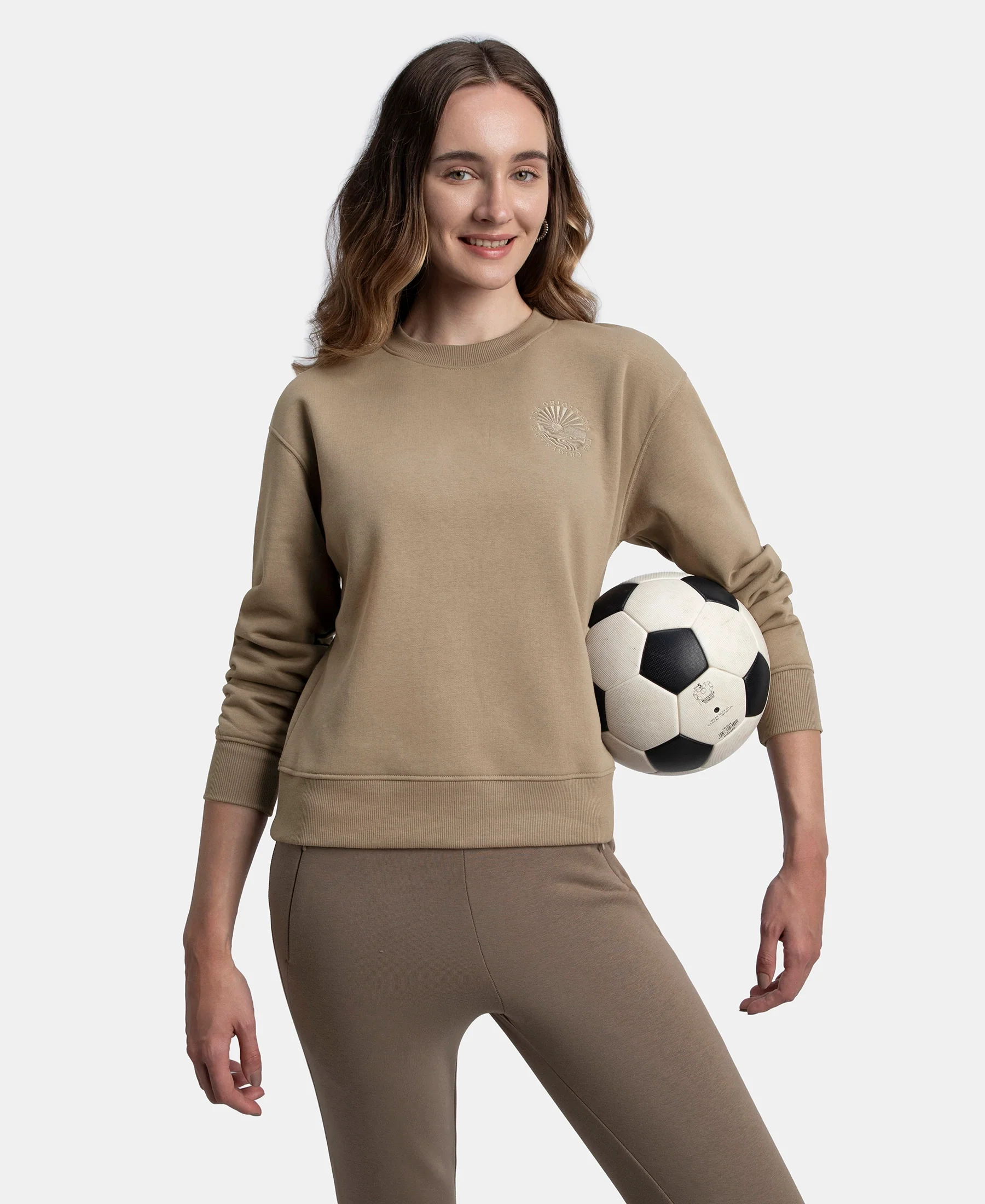 Super Combed Cotton Rich Fleece Fabric Printed Sweatshirt with Drop Shoulder Styling - Desert Taupe - Image 5