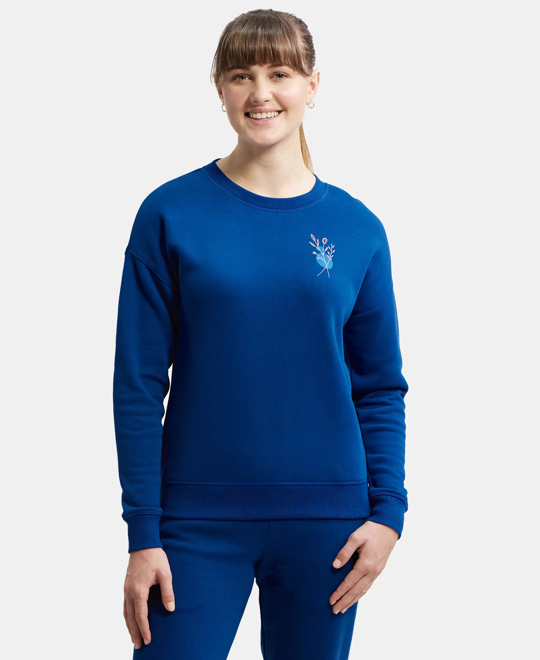 Super Combed Cotton Rich Fleece Fabric Printed Sweatshirt with Drop Shoulder Styling - Navy Peony