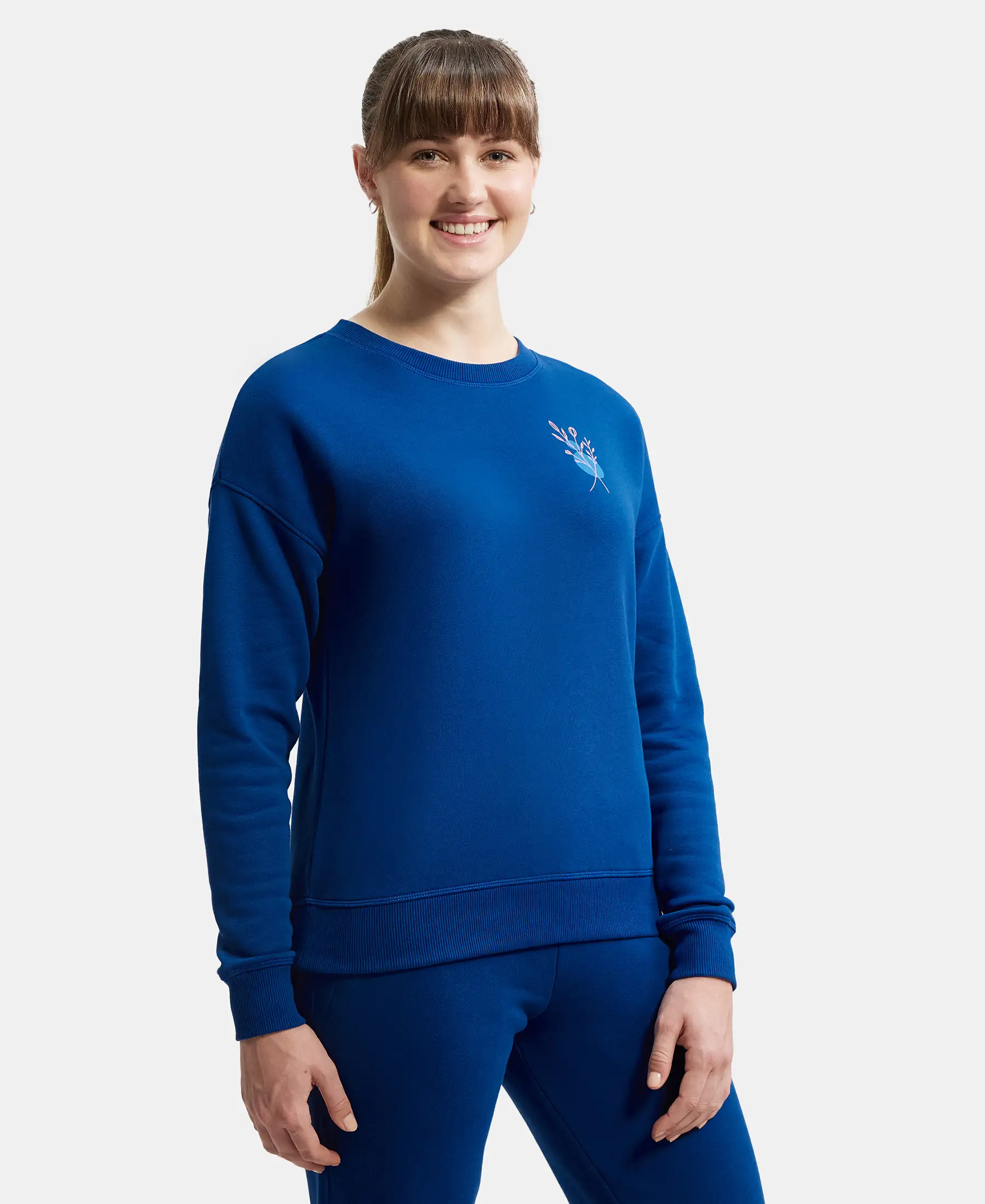 Super Combed Cotton Rich Fleece Fabric Printed Sweatshirt with Drop Shoulder Styling - Navy Peony - Image 2