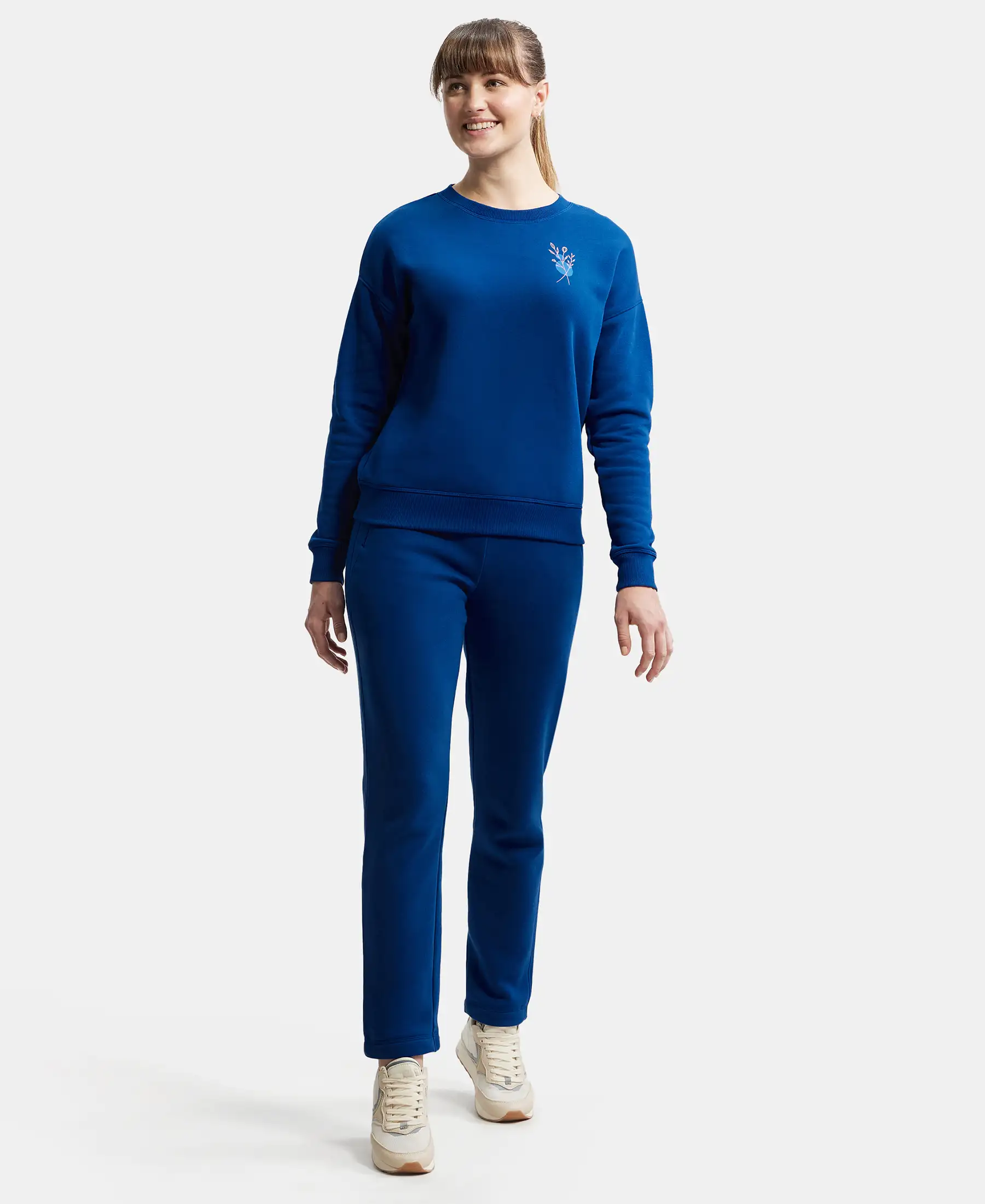 Super Combed Cotton Rich Fleece Fabric Printed Sweatshirt with Drop Shoulder Styling - Navy Peony - Image 4