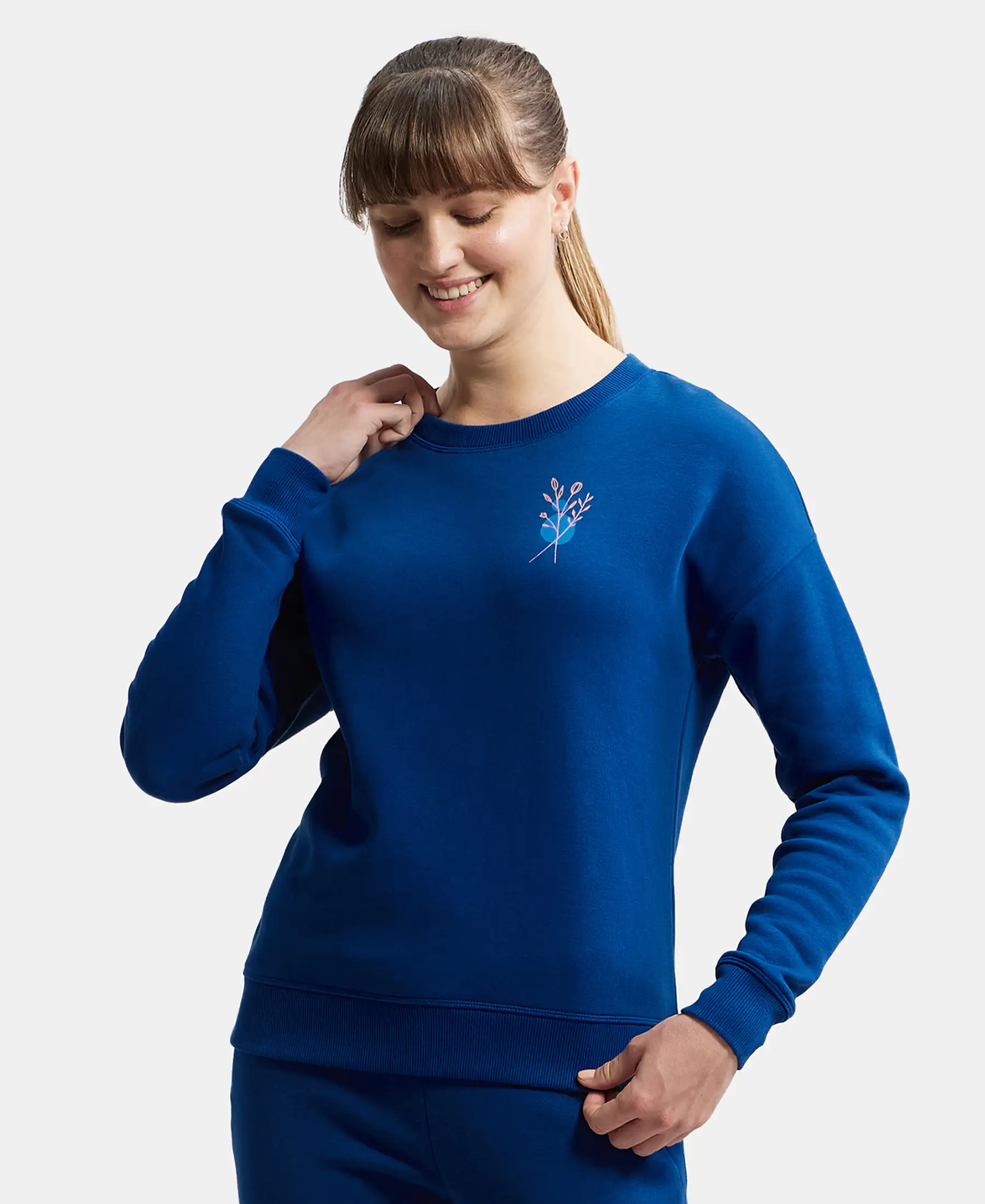 Super Combed Cotton Rich Fleece Fabric Printed Sweatshirt with Drop Shoulder Styling - Navy Peony - Image 5