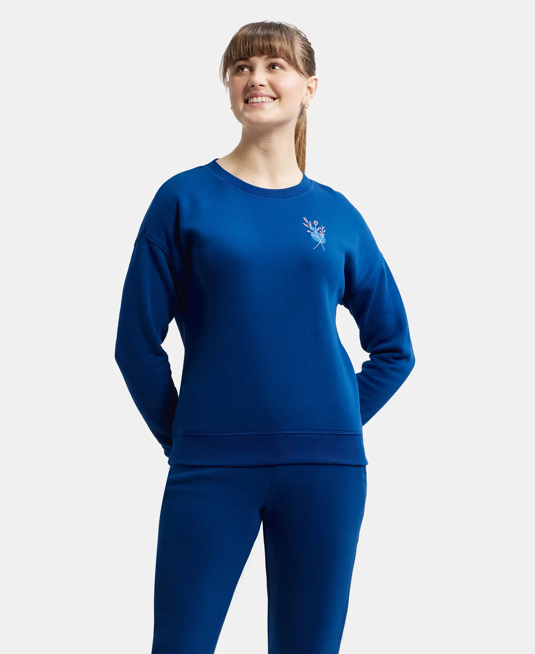 Super Combed Cotton Rich Fleece Fabric Printed Sweatshirt with Drop Shoulder Styling - Navy Peony - Image 6