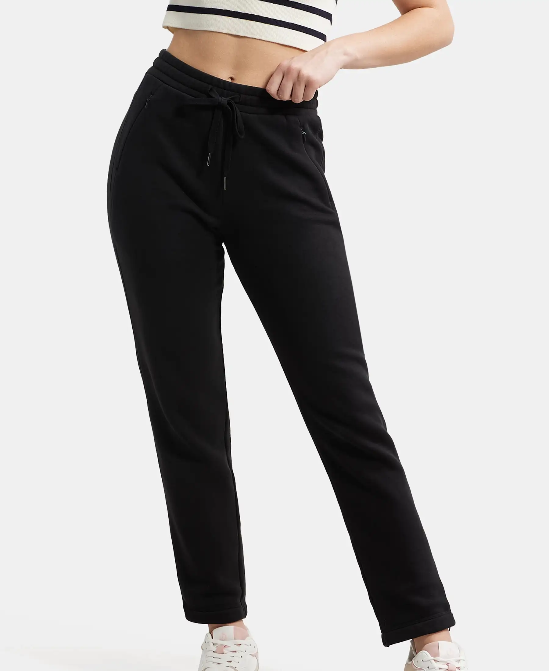 Super Combed Cotton Rich Fleece Fabric Straight Fit Trackpants with Zipper Pockets - Black - Image 5