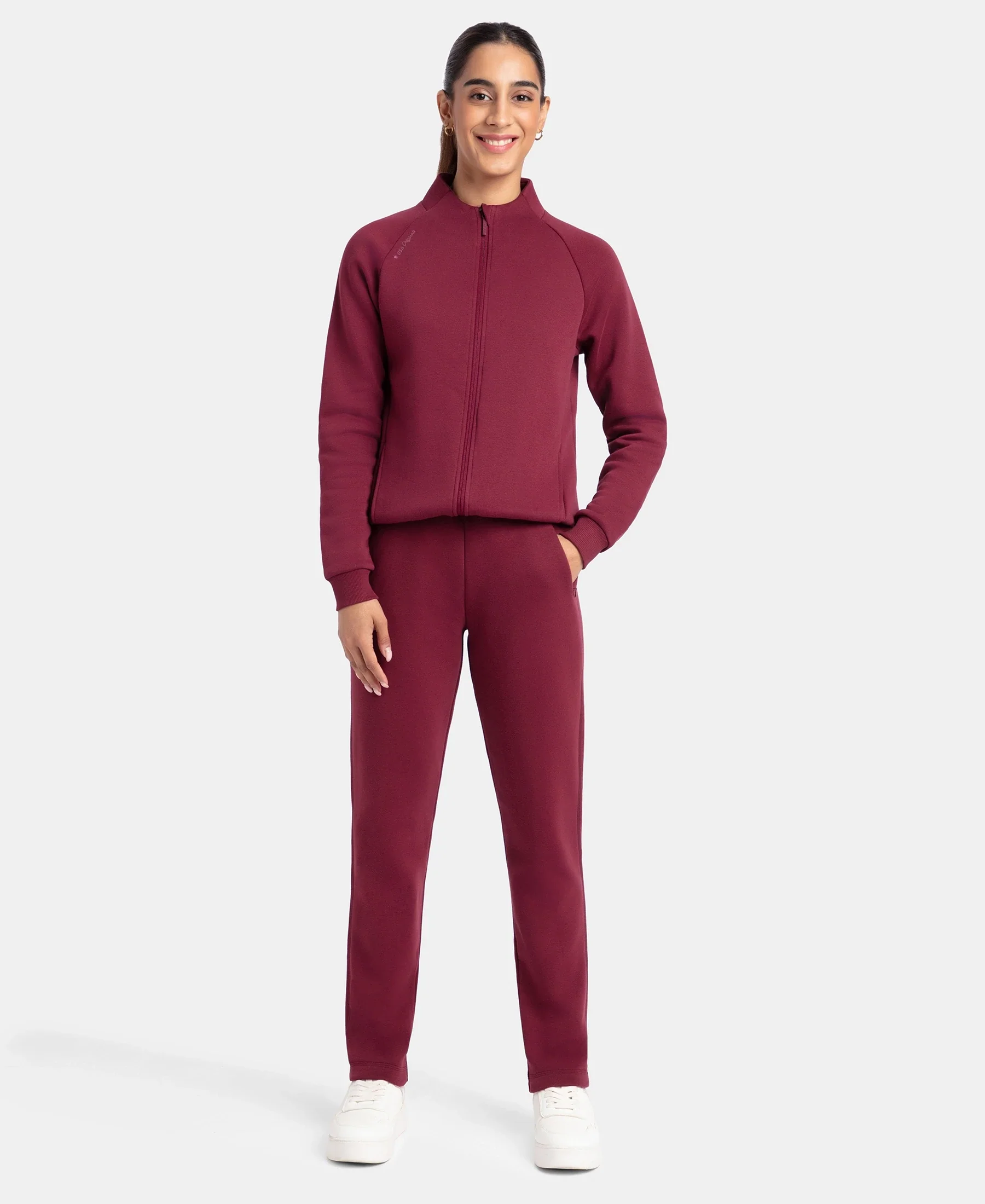Super Combed Cotton Rich Fleece Fabric Straight Fit Trackpants with Zipper Pockets - Maroon Banner - Image 4