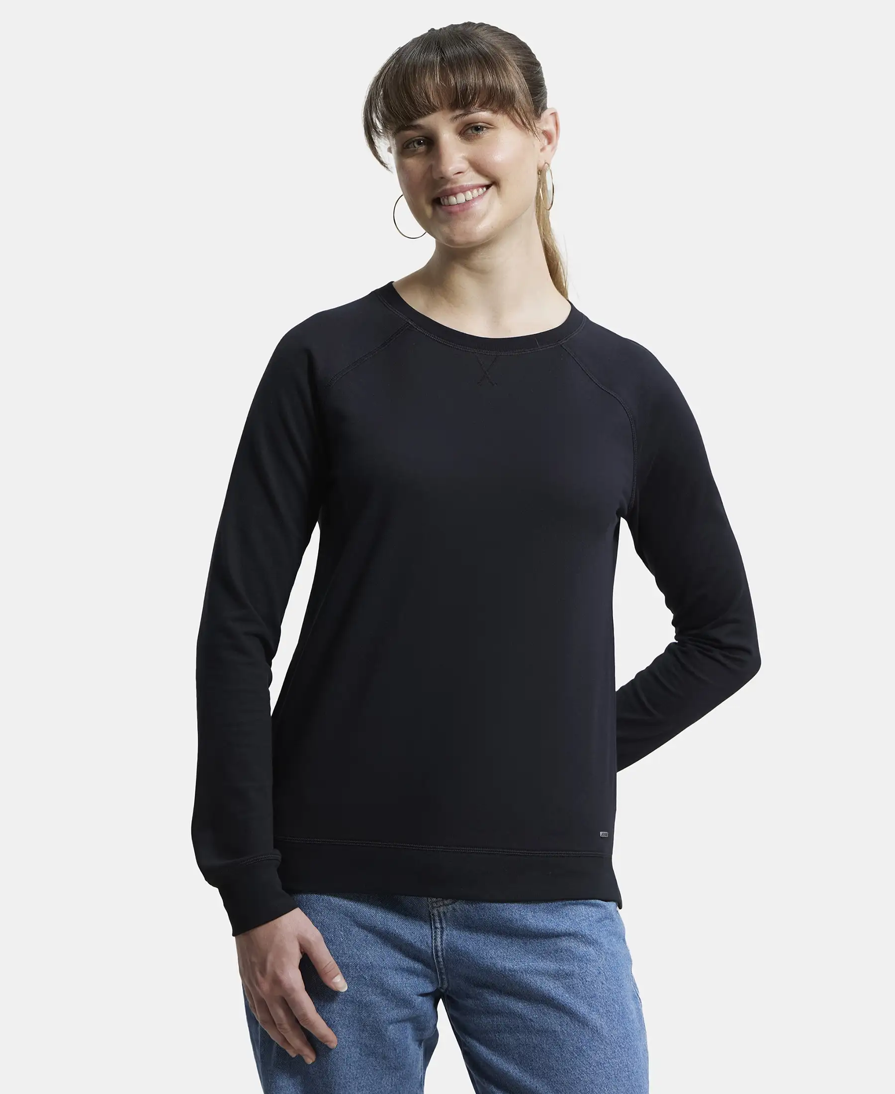 Super Combed Cotton Rich French Terry Fabric Solid Sweatshirt with Raglan Sleeve Styling - Black