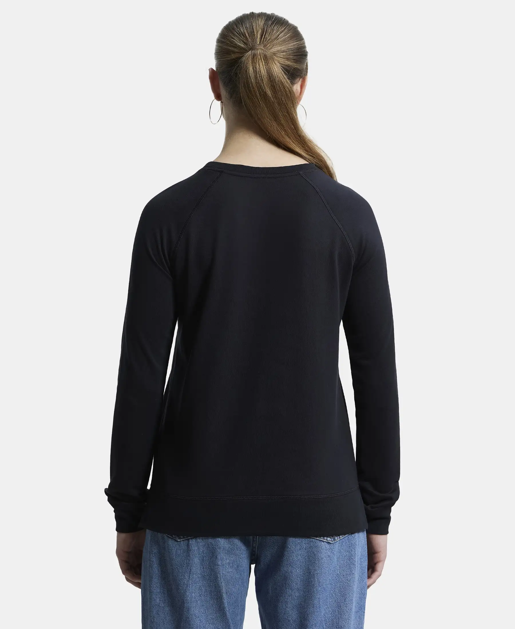 Super Combed Cotton Rich French Terry Fabric Solid Sweatshirt with Raglan Sleeve Styling - Black - Image 3