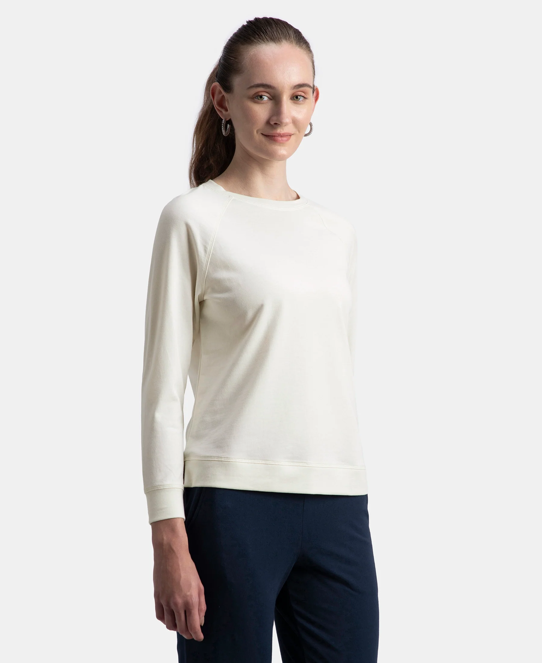 Super Combed Cotton Rich French Terry Fabric Solid Sweatshirt with Raglan Sleeve Styling - Cannoli Cream - Image 2