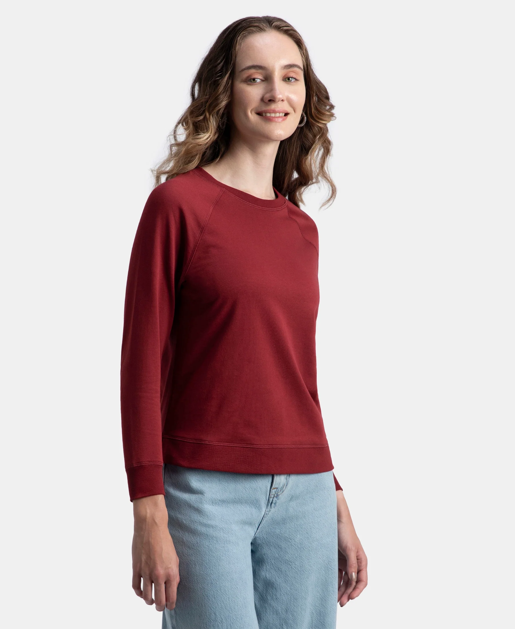 Super Combed Cotton Rich French Terry Fabric Solid Sweatshirt with Raglan Sleeve Styling - Pomegranate - Image 2