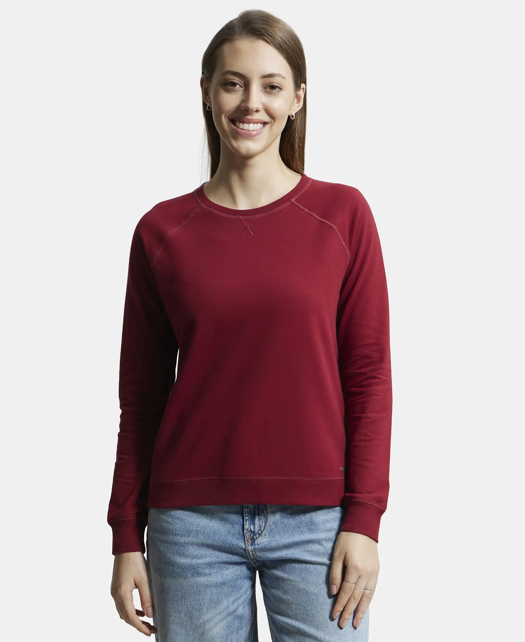 Super Combed Cotton Rich French Terry Fabric Solid Sweatshirt with Raglan Sleeve Styling - Rhubarb