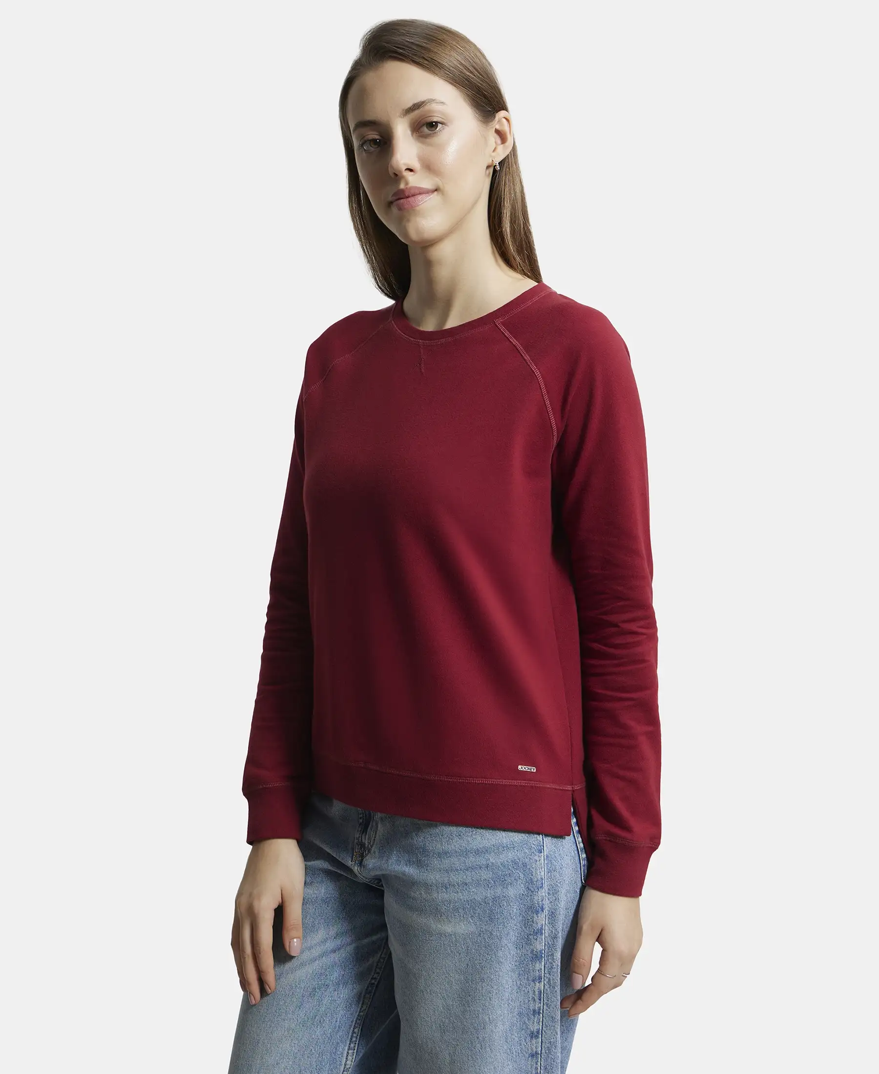 Super Combed Cotton Rich French Terry Fabric Solid Sweatshirt with Raglan Sleeve Styling - Rhubarb - Image 5