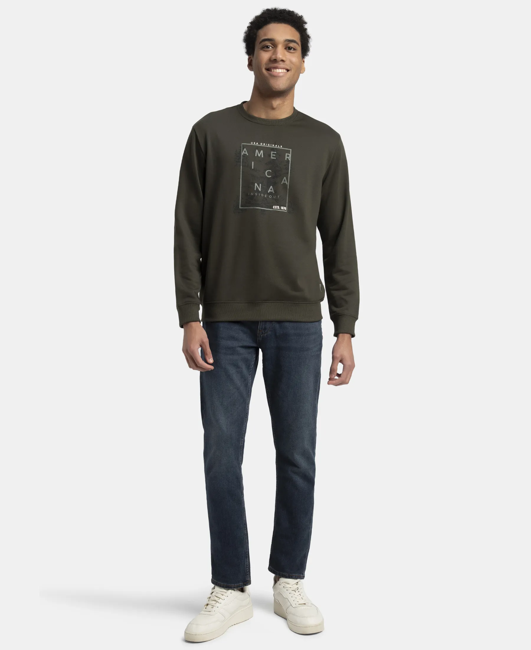 Super Combed Cotton Rich French Terry Printed Sweatshirt with Ribbed Cuffs - Deep Olive - Image 4