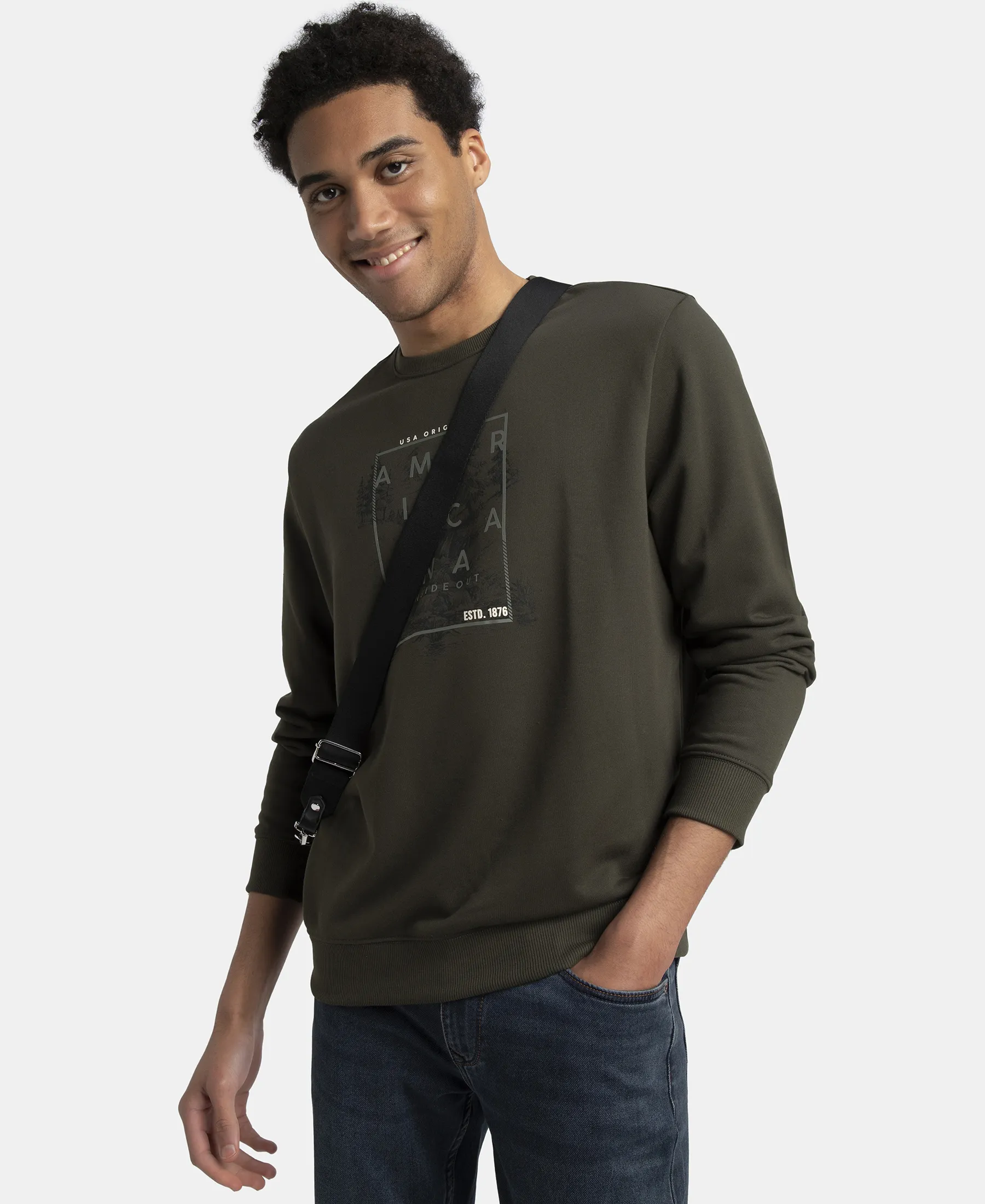 Super Combed Cotton Rich French Terry Printed Sweatshirt with Ribbed Cuffs - Deep Olive - Image 5