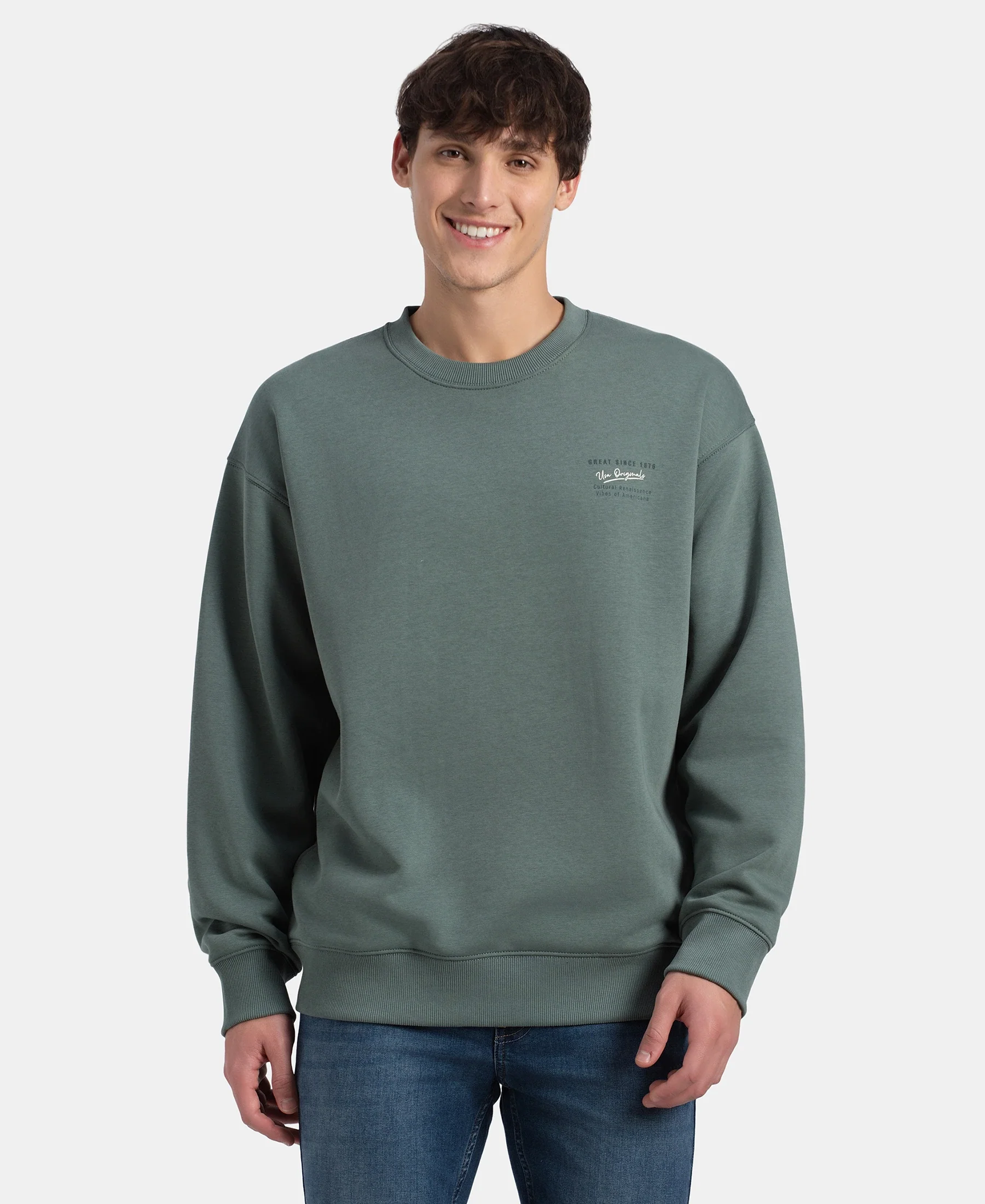 Super Combed Cotton Rich Graphic Print Fleece Sweatshirt with StayWarm Technology - Balsam Green