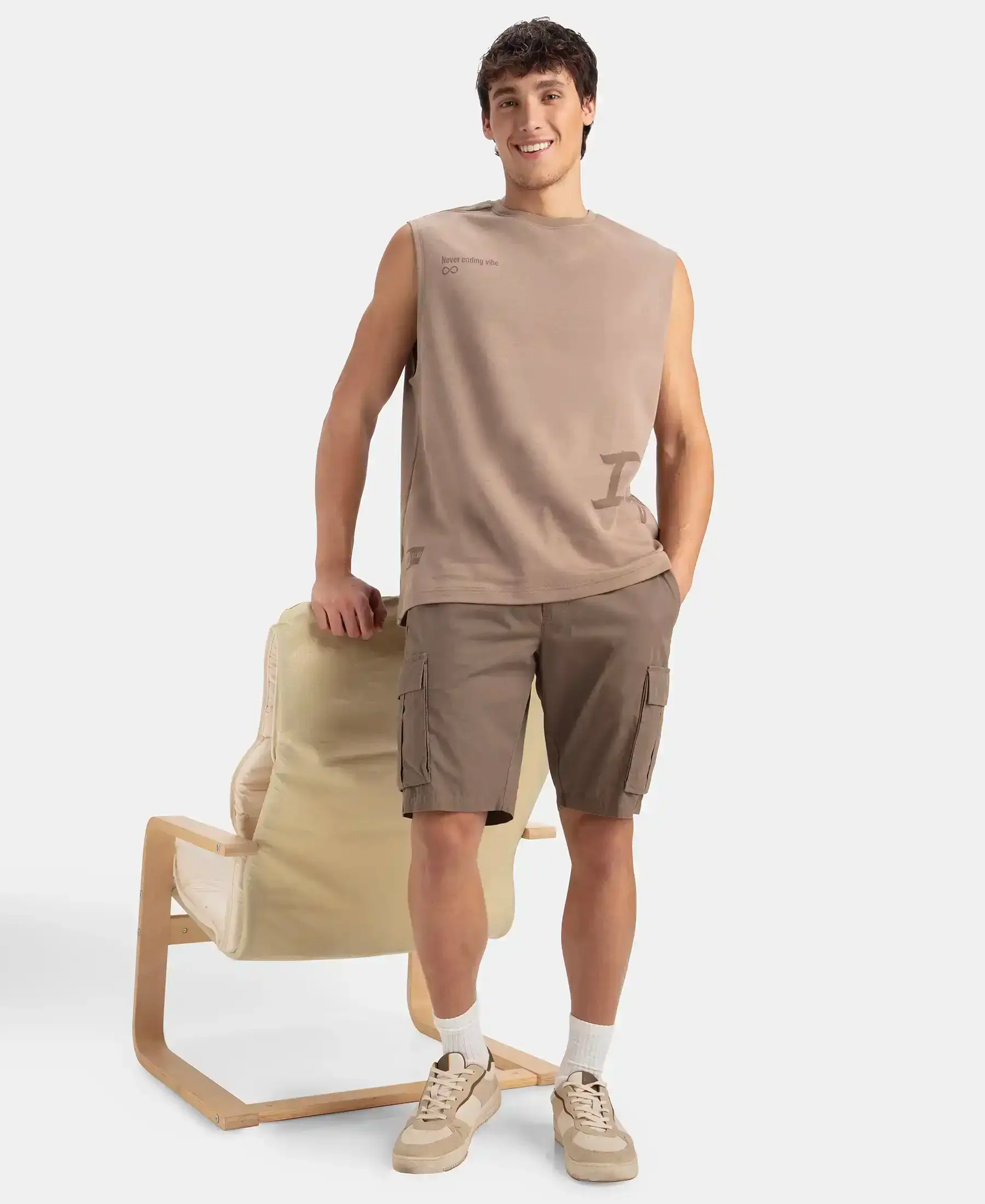 Super Combed Cotton Rich Graphic Print Oversized Tank Top - Taupe Grey - Image 3