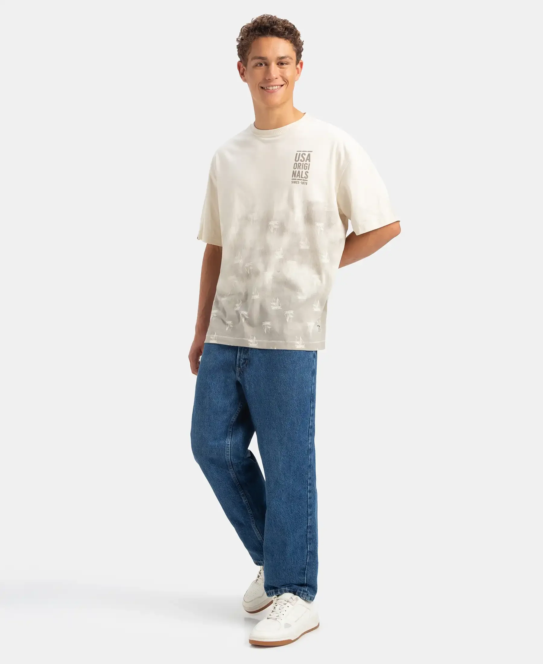 Super Combed Cotton Rich Graphic Printed Oversized T-Shirt - Almond Milk USA - Image 6