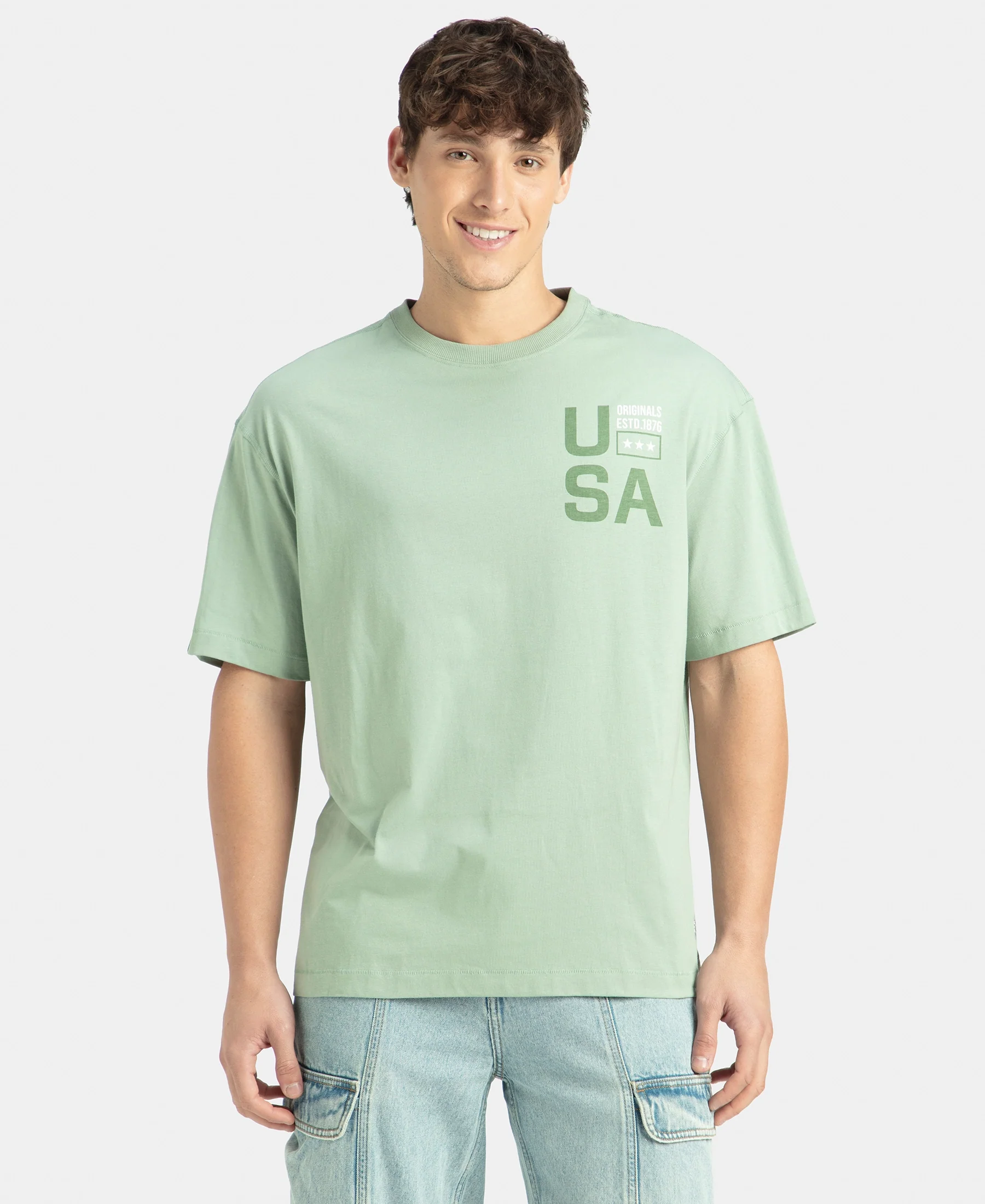 Super Combed Cotton Rich Graphic Printed Oversized T-Shirt - Iceberg Green USA