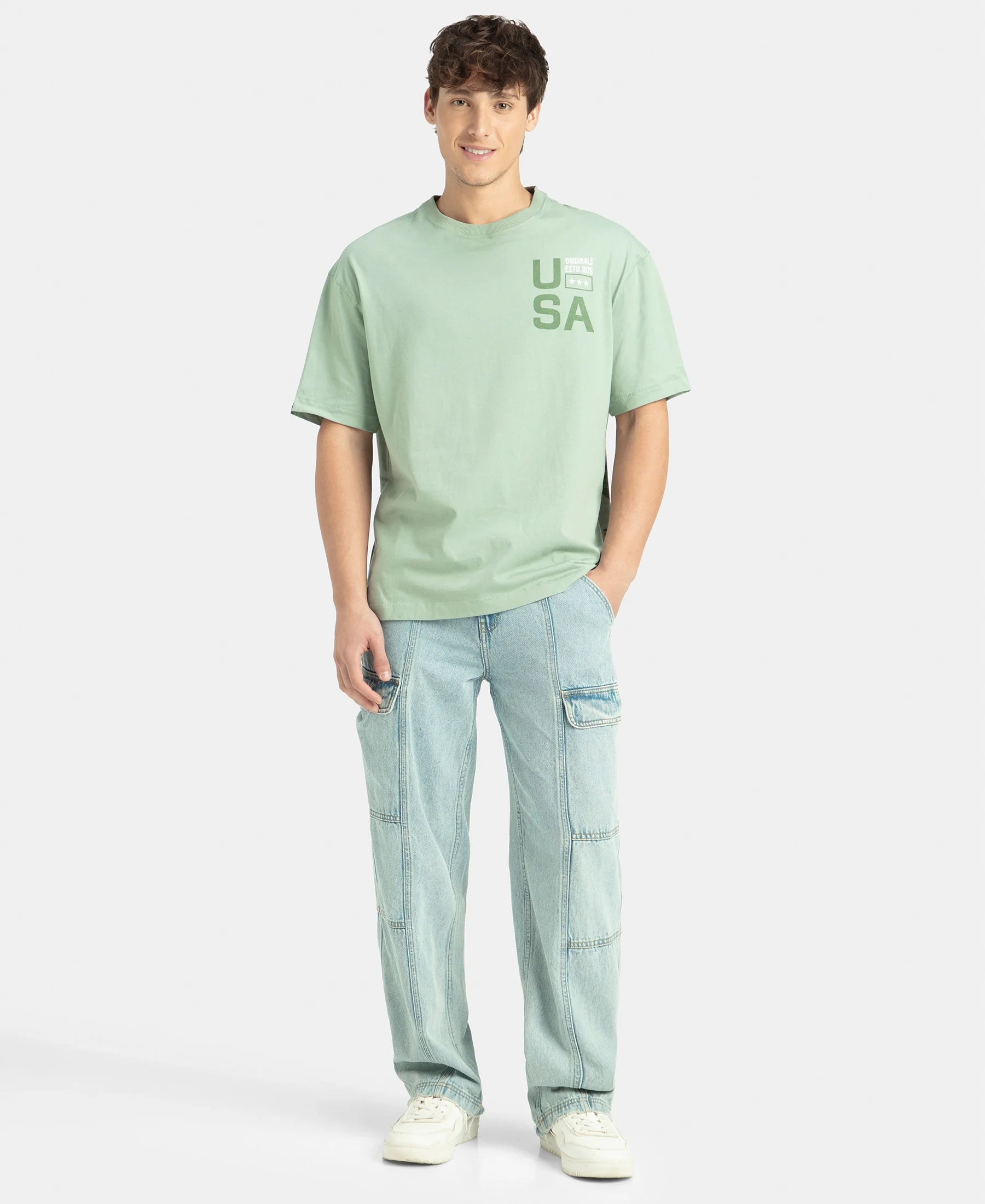 Super Combed Cotton Rich Graphic Printed Oversized T-Shirt - Iceberg Green USA - Image 4