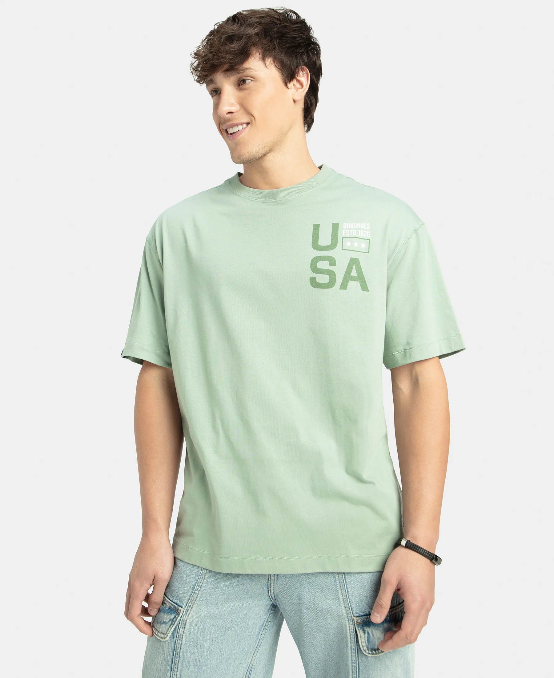 Super Combed Cotton Rich Graphic Printed Oversized T-Shirt - Iceberg Green USA - Image 5