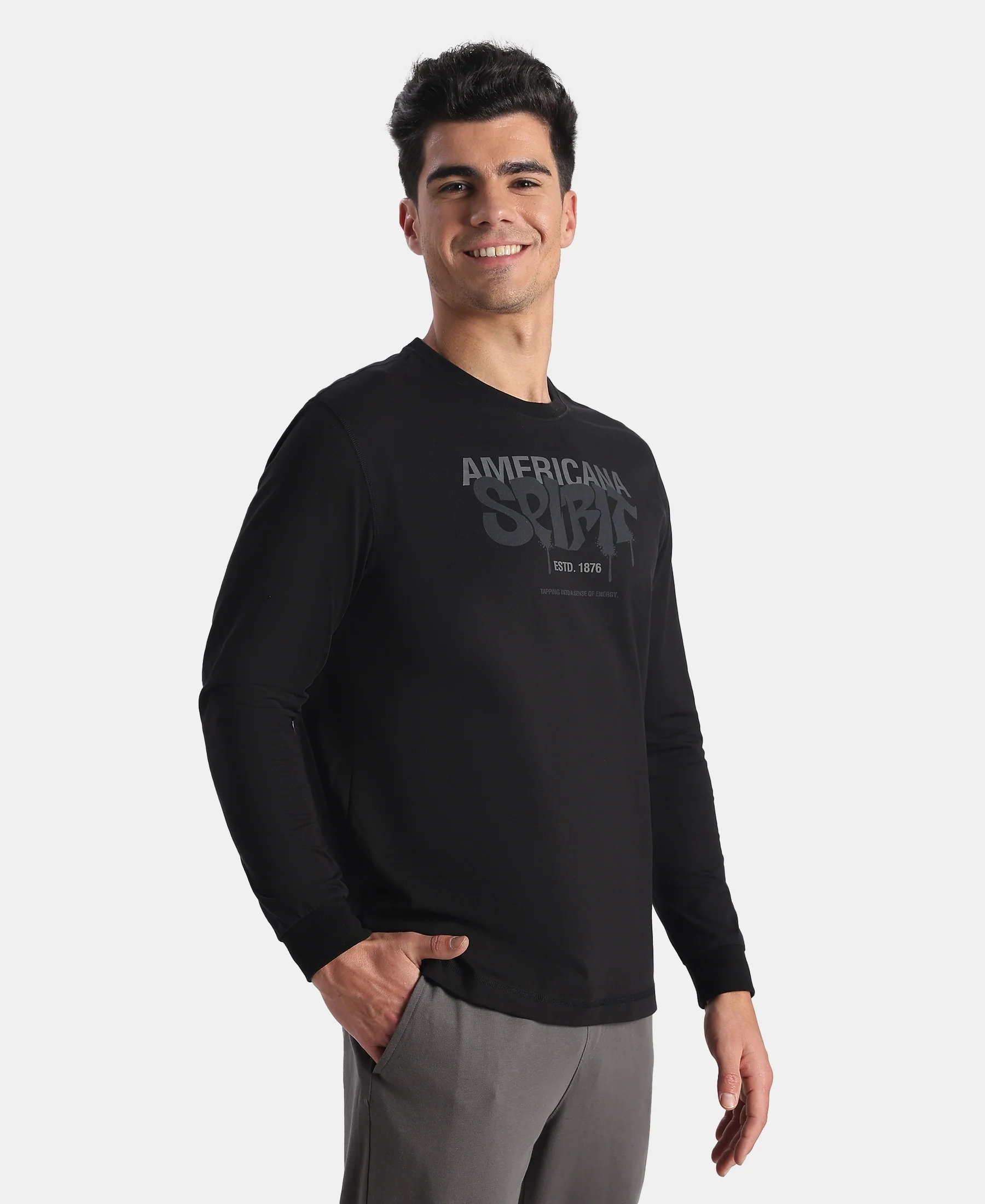 Super Combed Cotton Rich Graphic Printed Round Neck Full Sleeve T-Shirt - Black New - Image 2