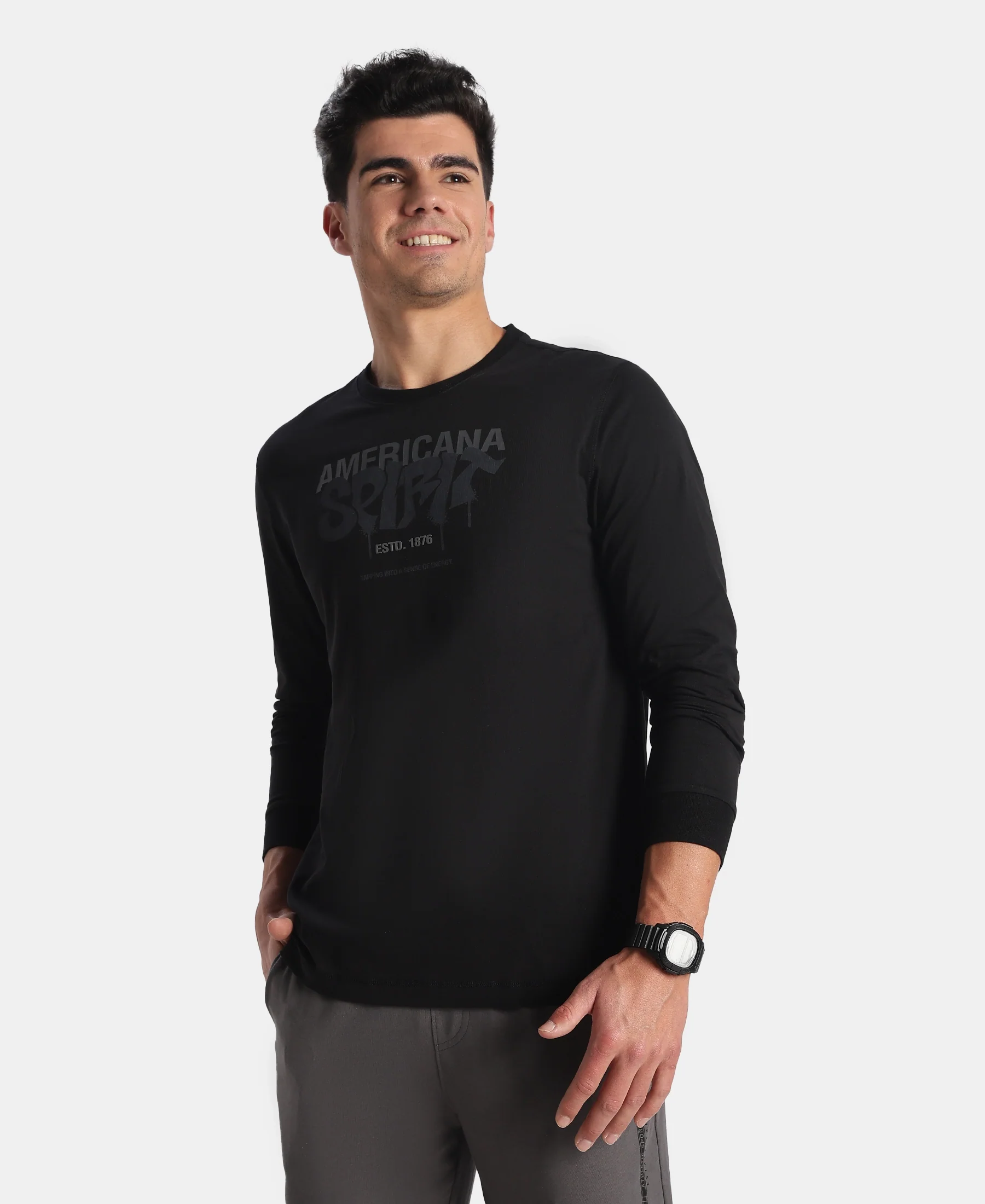 Super Combed Cotton Rich Graphic Printed Round Neck Full Sleeve T-Shirt - Black New - Image 5