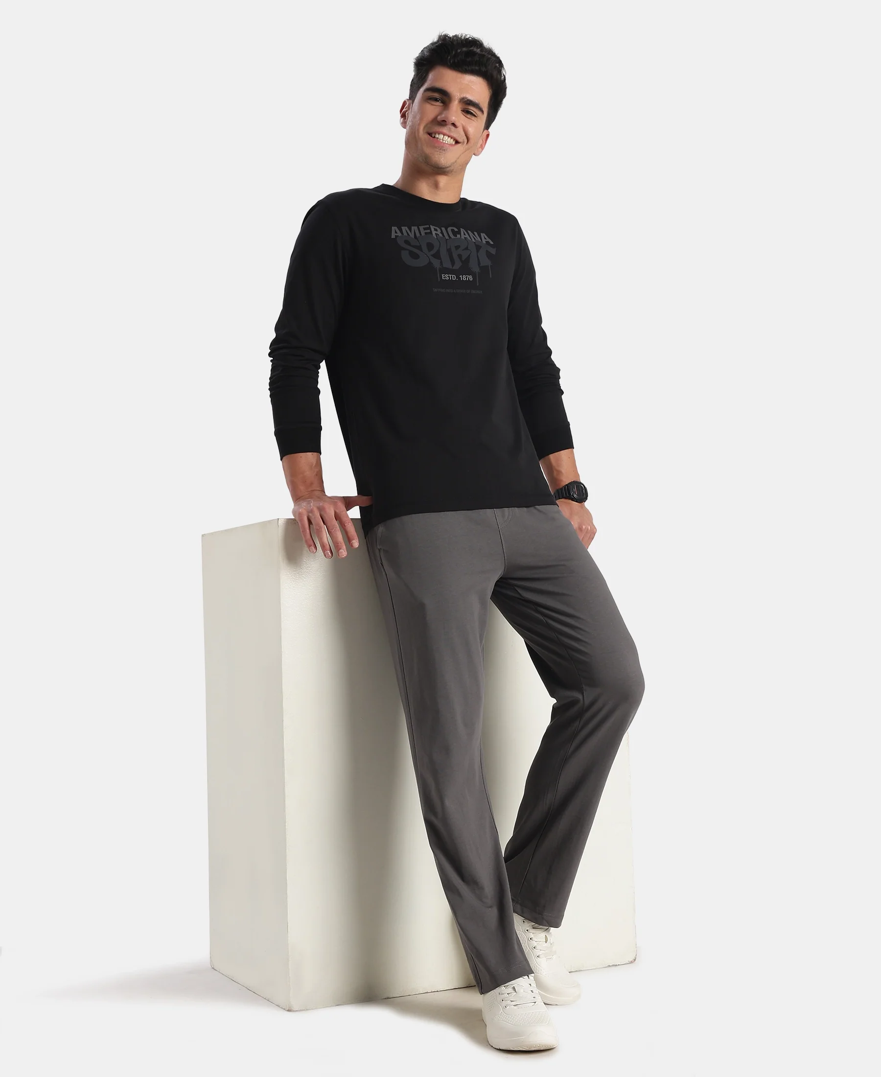 Super Combed Cotton Rich Graphic Printed Round Neck Full Sleeve T-Shirt - Black New - Image 6
