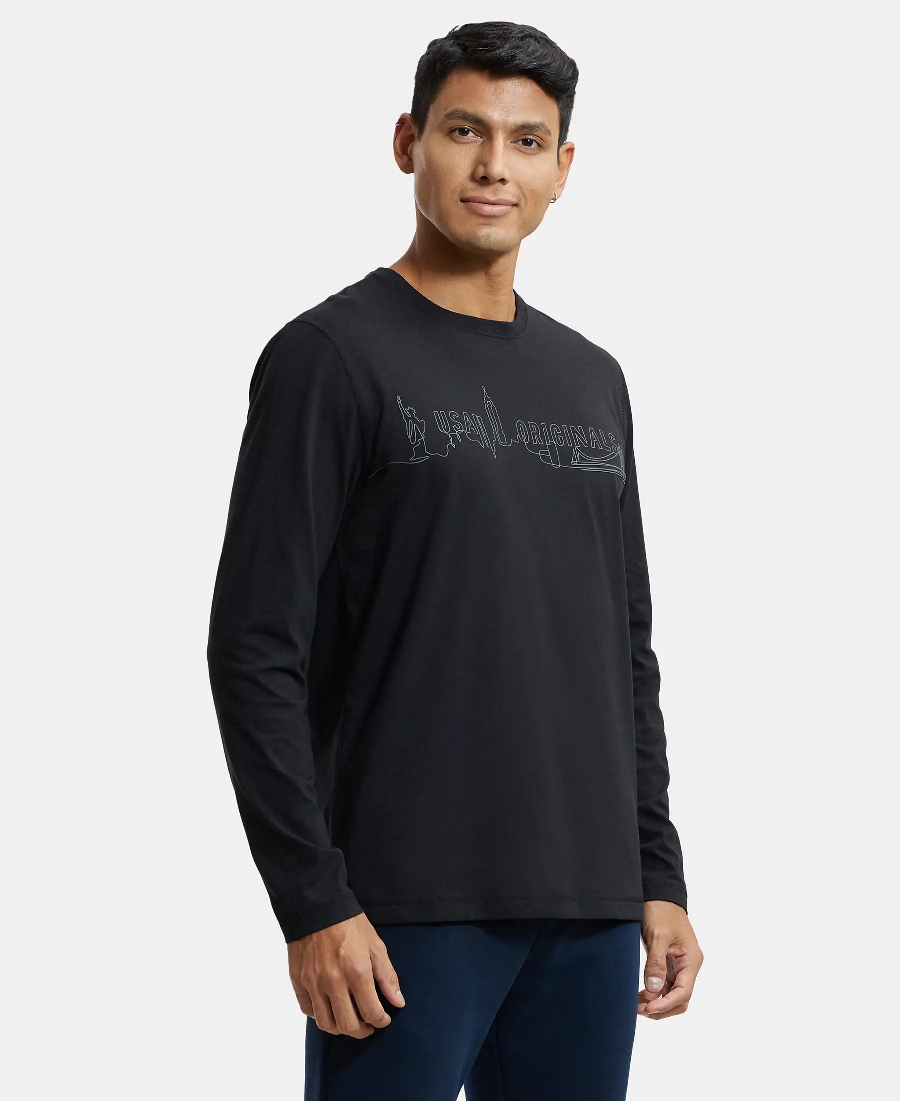 Super Combed Cotton Rich Graphic Printed Round Neck Full Sleeve T-Shirt - Black - Image 2