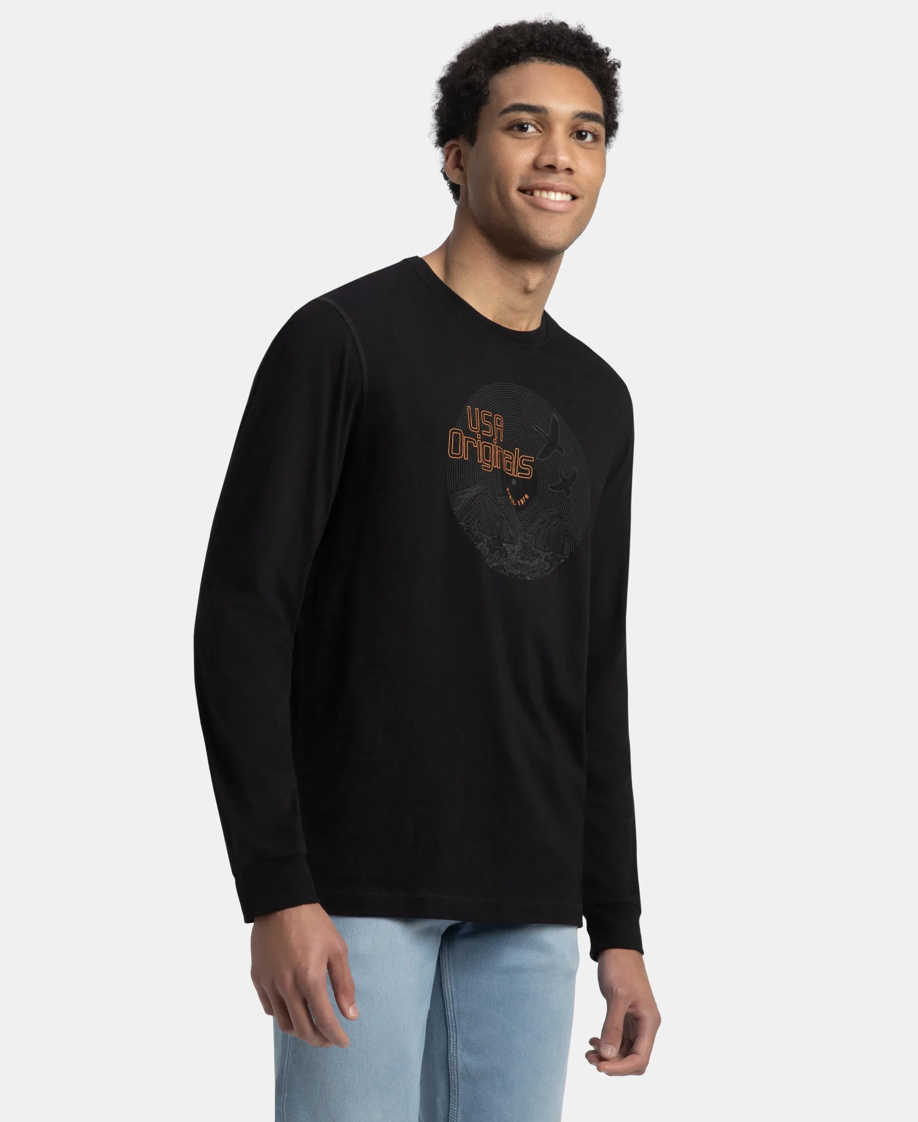 Super Combed Cotton Rich Graphic Printed Round Neck Full Sleeve T-Shirt - Black USA - Image 2