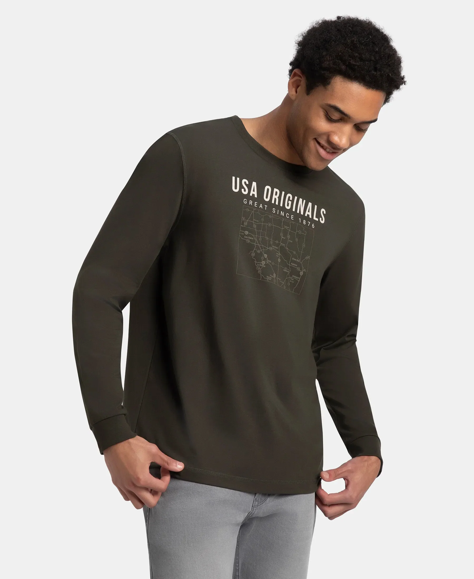 Super Combed Cotton Rich Graphic Printed Round Neck Full Sleeve T-Shirt - Deep Olive USA - Image 2