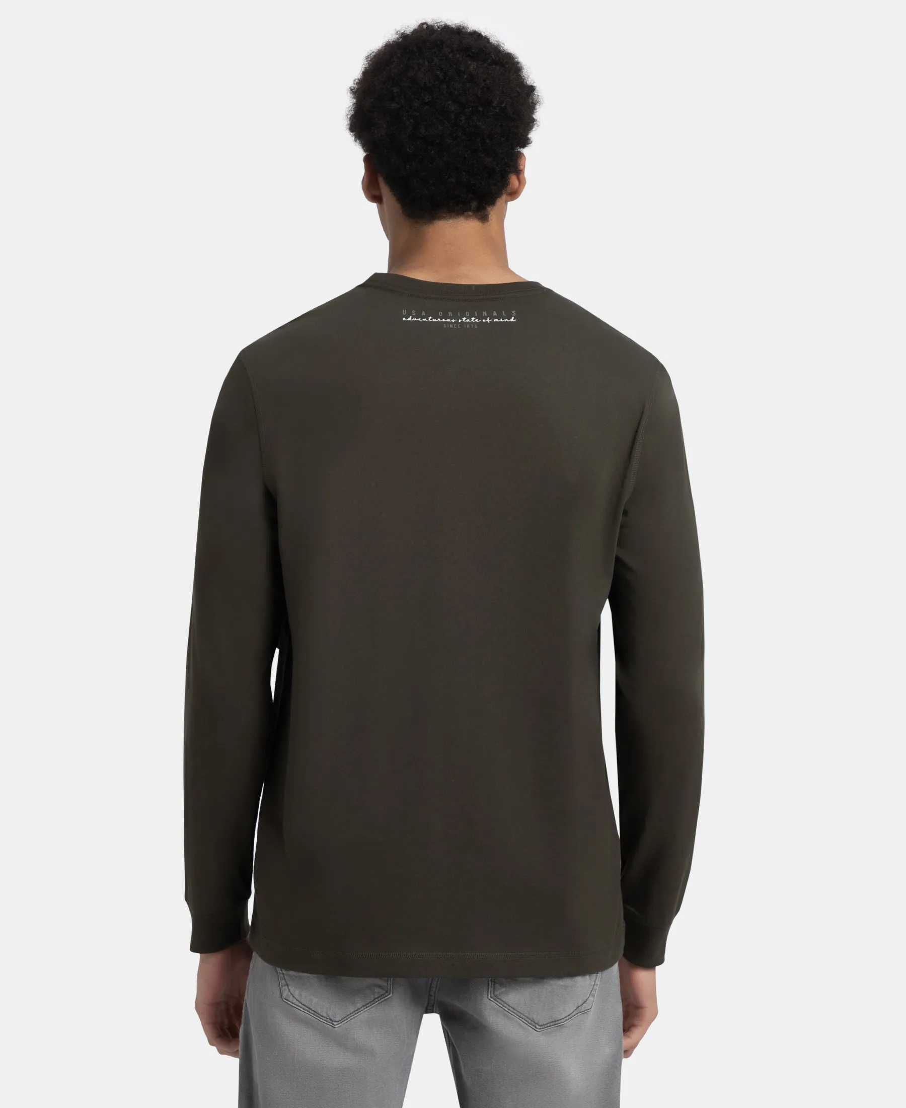 Super Combed Cotton Rich Graphic Printed Round Neck Full Sleeve T-Shirt - Deep Olive USA - Image 3