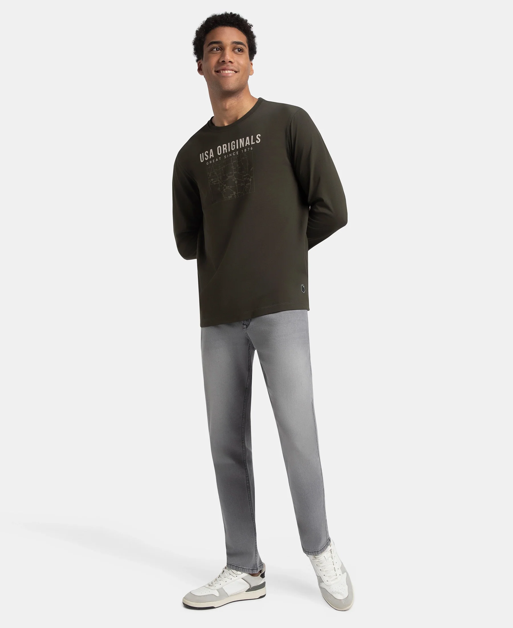 Super Combed Cotton Rich Graphic Printed Round Neck Full Sleeve T-Shirt - Deep Olive USA - Image 4