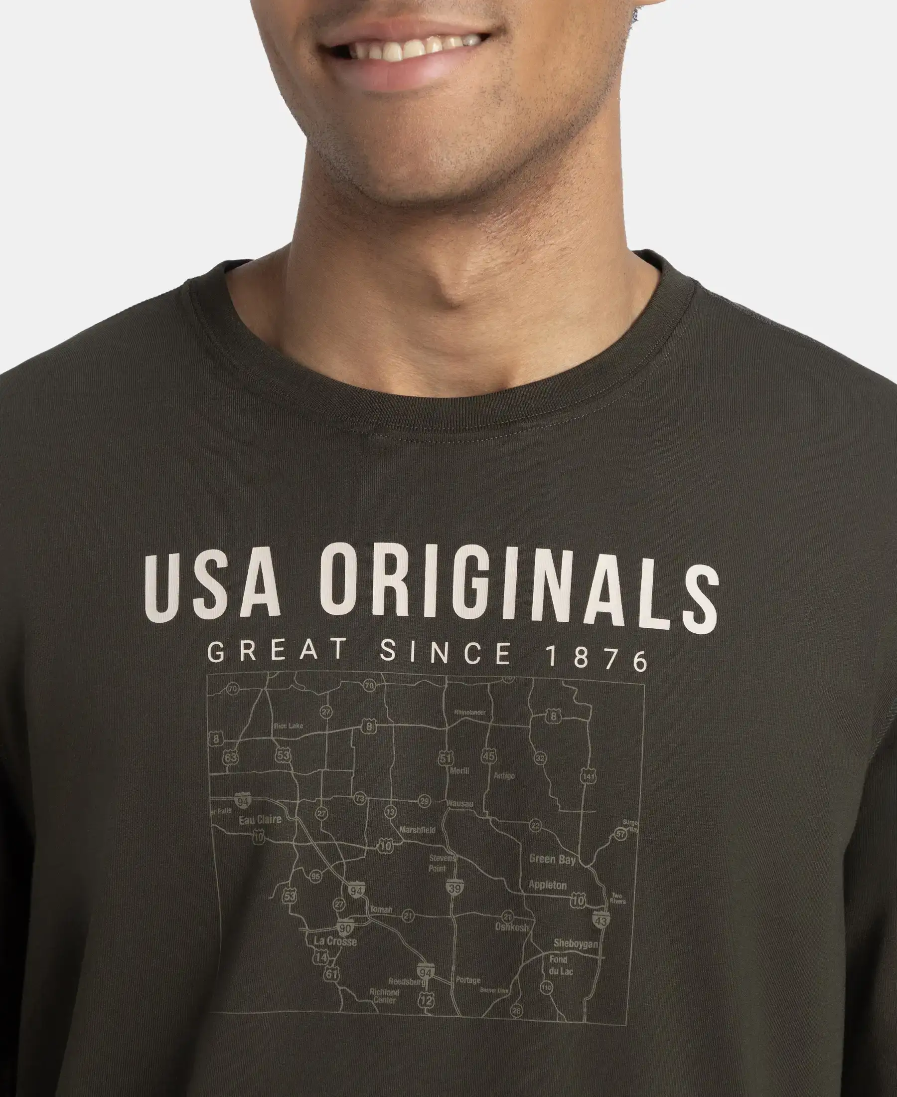 Super Combed Cotton Rich Graphic Printed Round Neck Full Sleeve T-Shirt - Deep Olive USA - Image 6