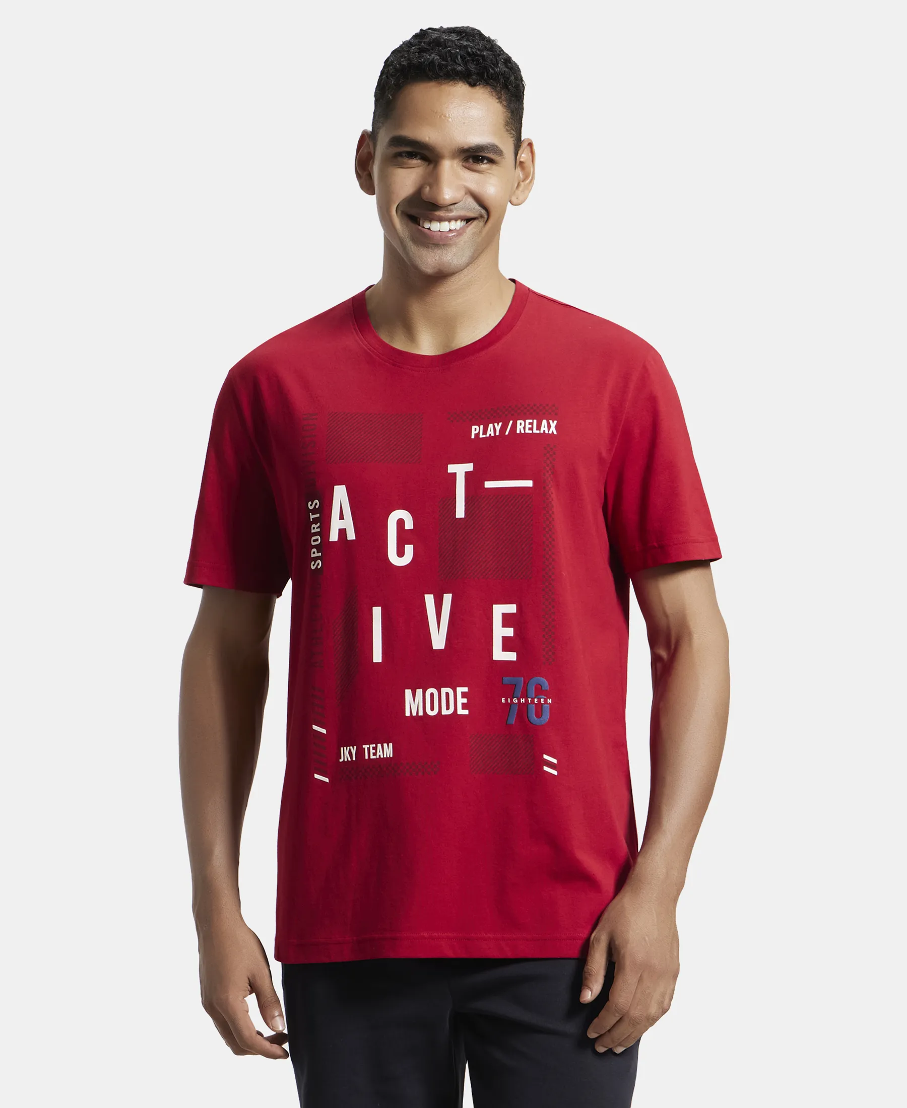 Super Combed Cotton Rich Graphic Printed Round Neck Half Sleeve T-Shirt - Shanghai Red