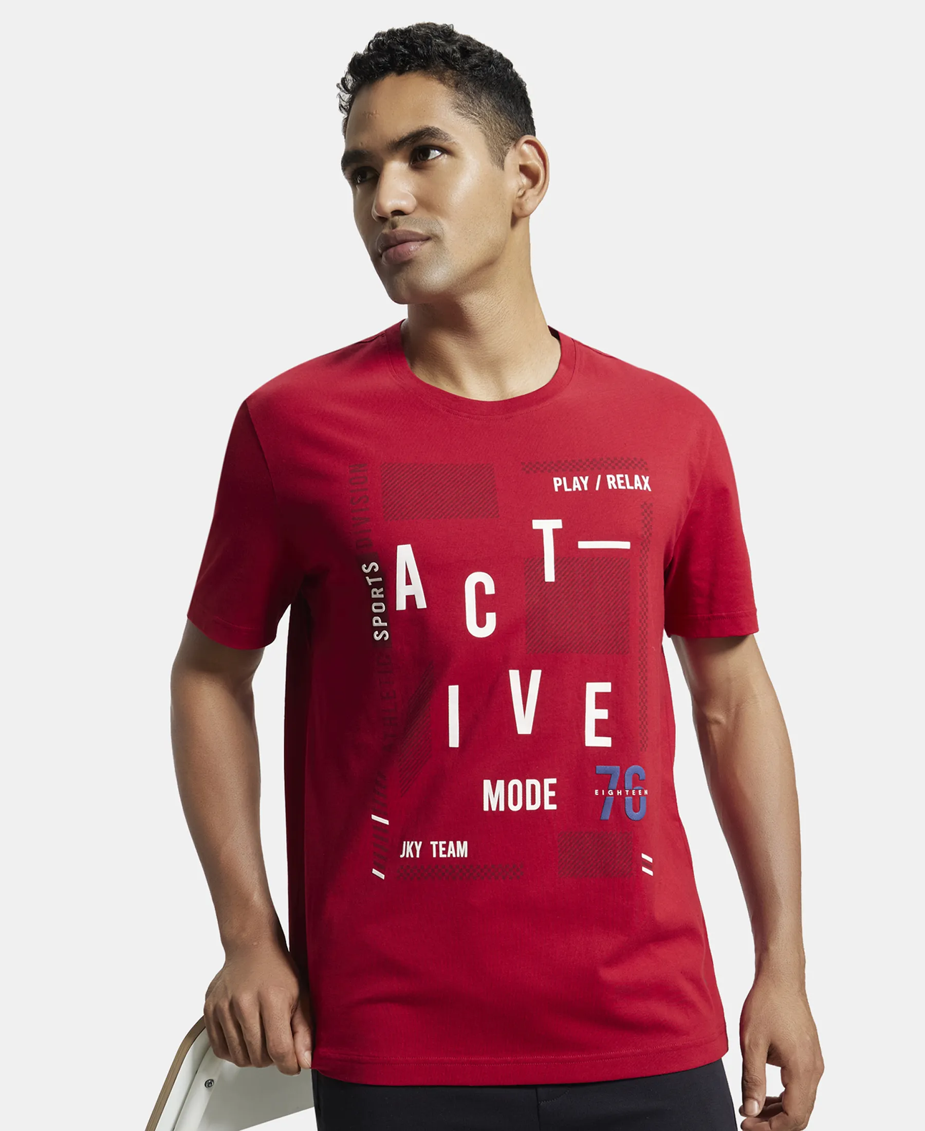 Super Combed Cotton Rich Graphic Printed Round Neck Half Sleeve T-Shirt - Shanghai Red - Image 5