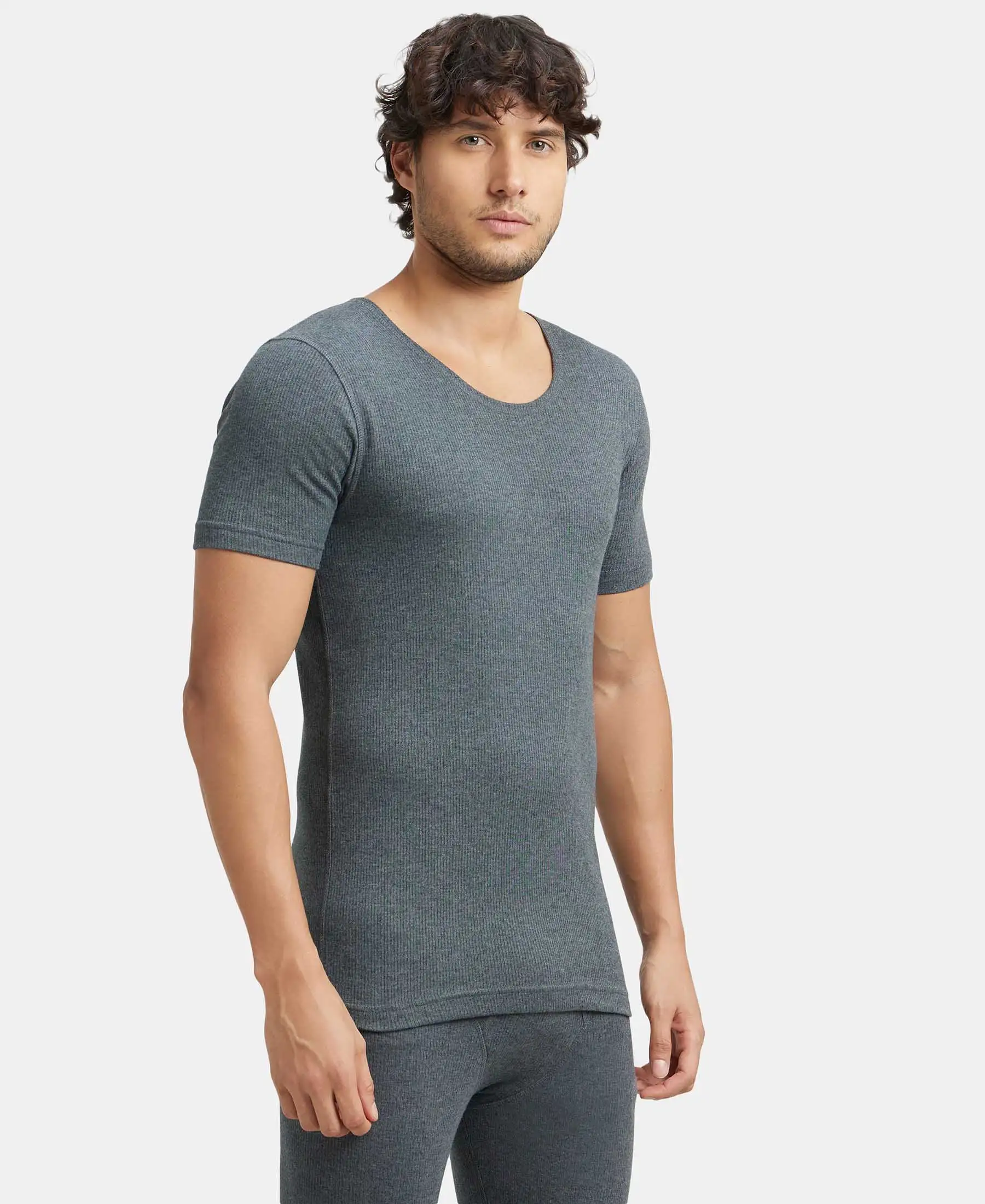 Extra Warmth Super Combed Cotton Rich Half Sleeved Thermal Undershirt with StayWarm Technology - Charcoal Melange - Image 2
