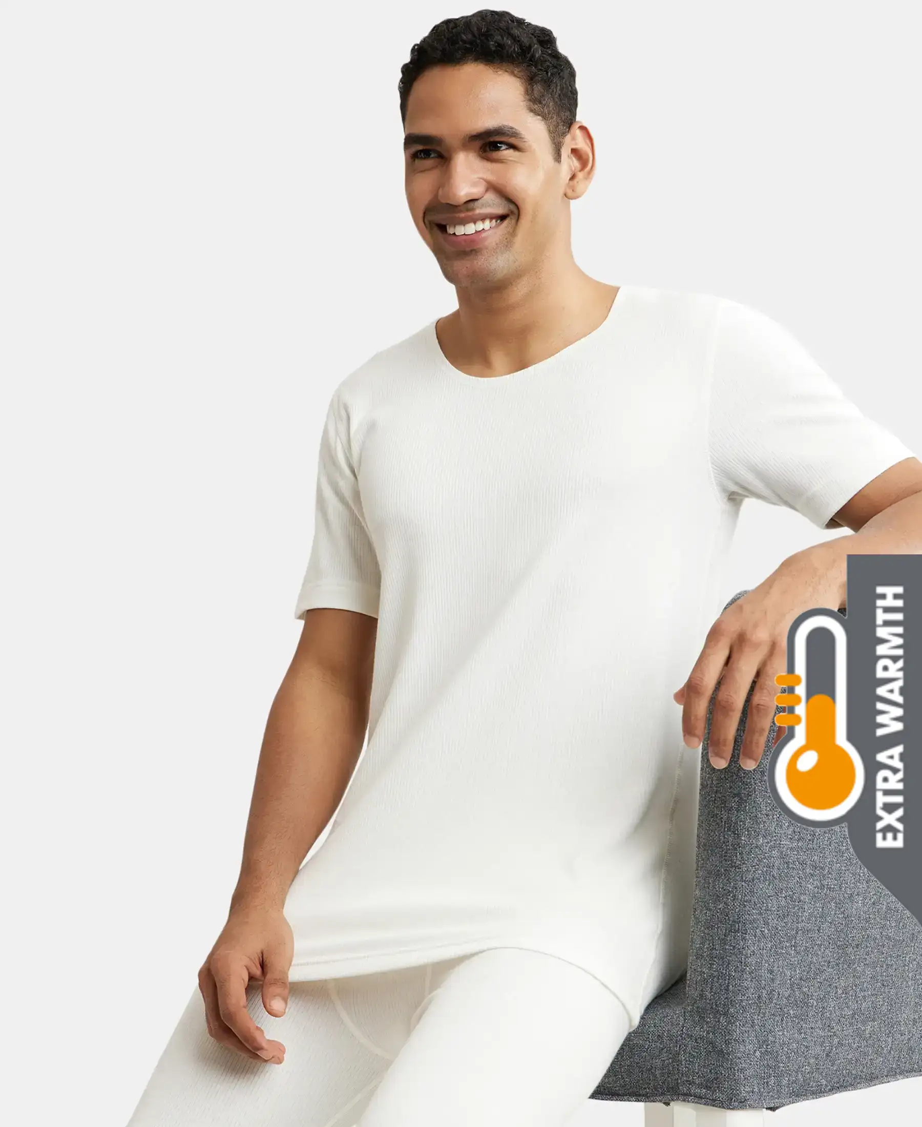 Extra Warmth Super Combed Cotton Rich Half Sleeved Thermal Undershirt with StayWarm Technology - Off White - Image 5