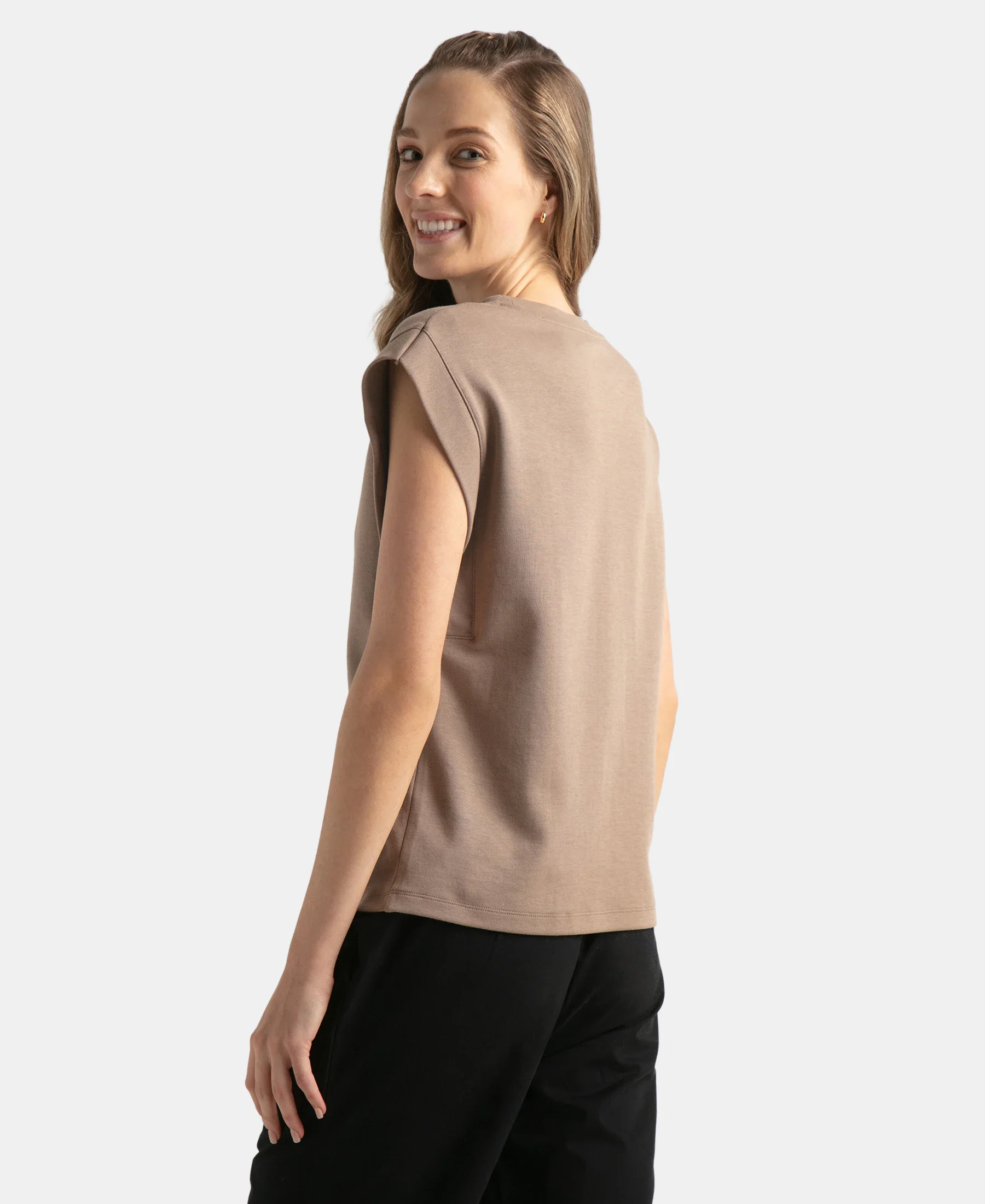 Super Combed Cotton Rich Hybrid Tank Top with Ribbed Sleeves - Taupe Grey - Image 4