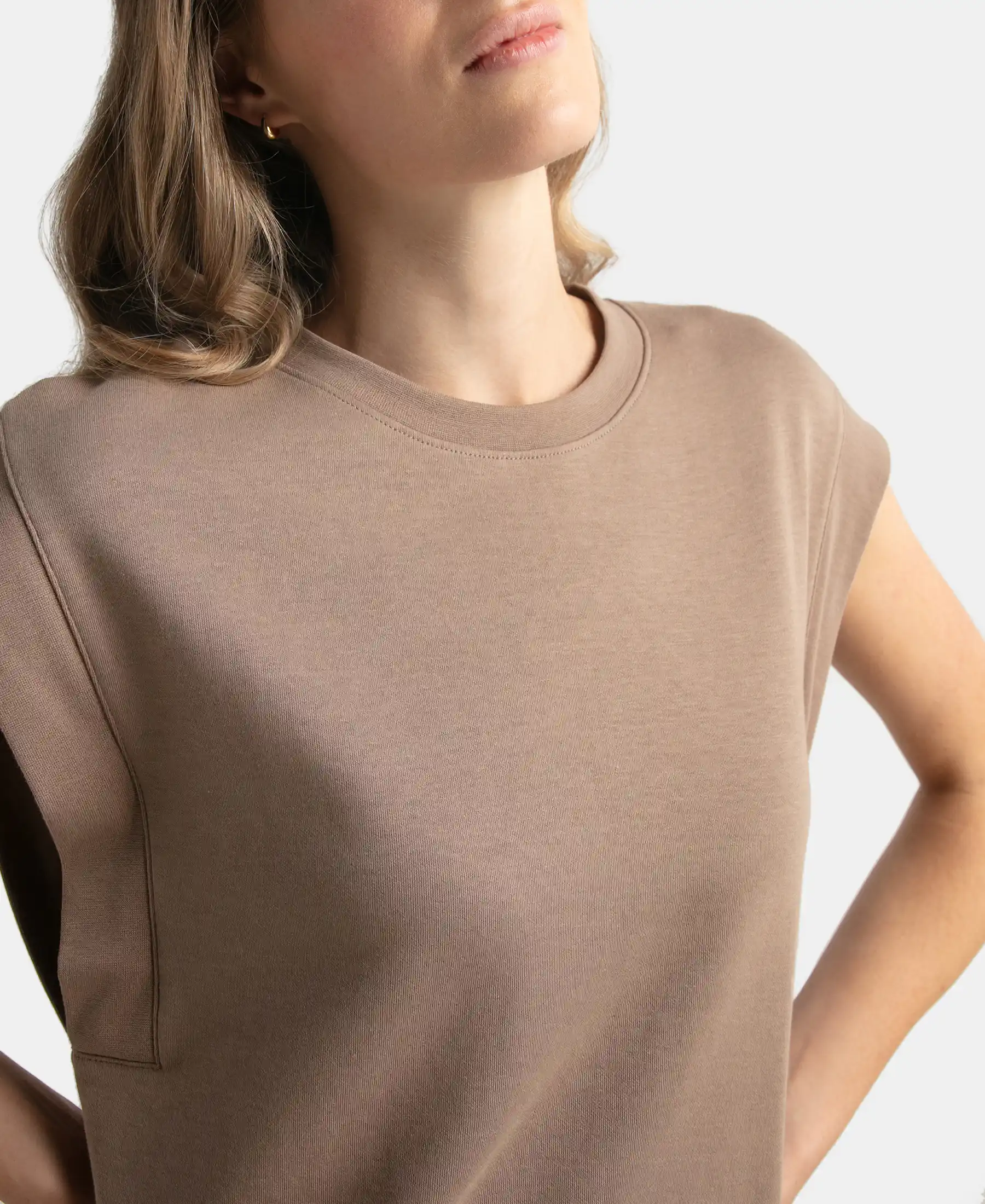 Super Combed Cotton Rich Hybrid Tank Top with Ribbed Sleeves - Taupe Grey - Image 6