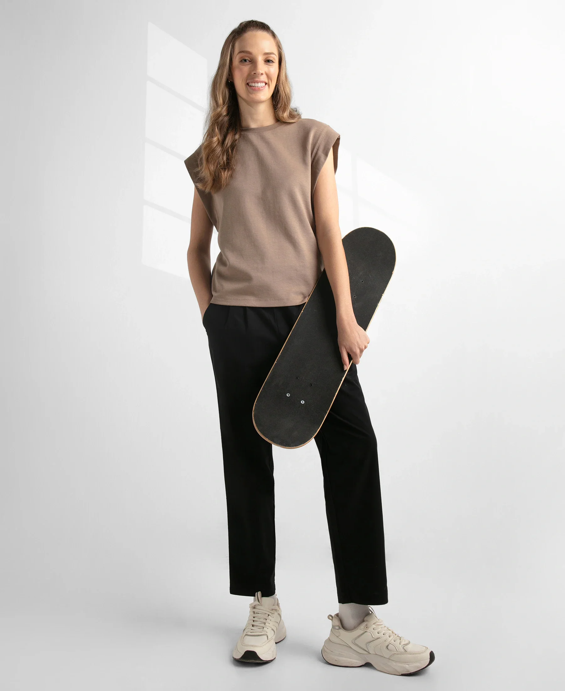 Super Combed Cotton Rich Hybrid Tank Top with Ribbed Sleeves - Taupe Grey - Image 7