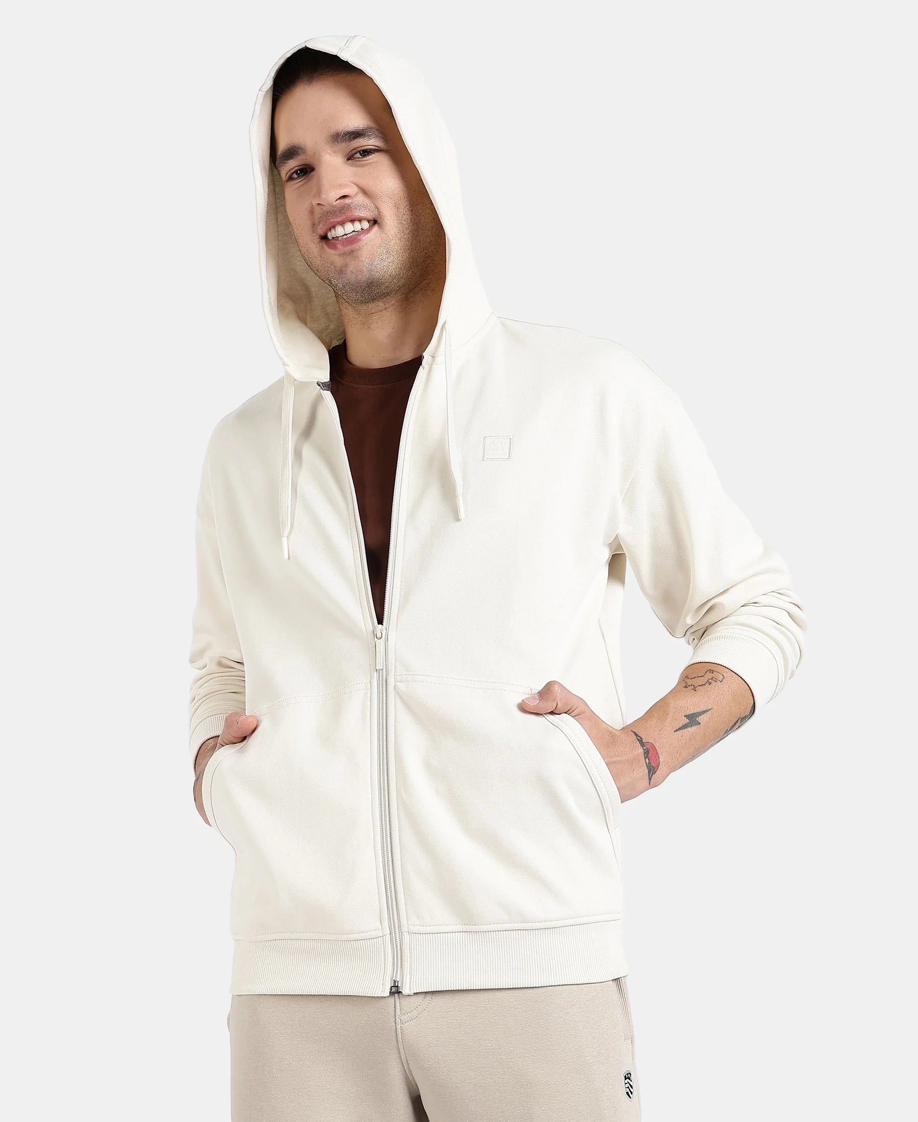 Super Combed Cotton Rich Pique Hoodie Jacket with Ribbed Cuffs - Birch - Image 5