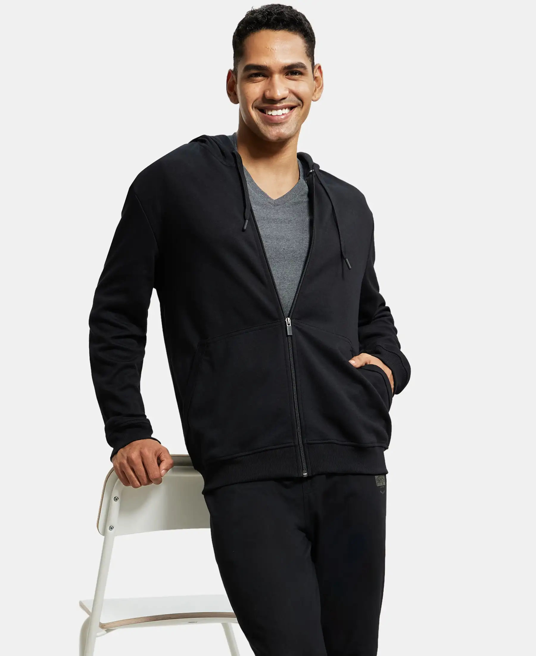 Super Combed Cotton Rich Pique Hoodie Jacket with Ribbed Cuffs - Black - Image 5