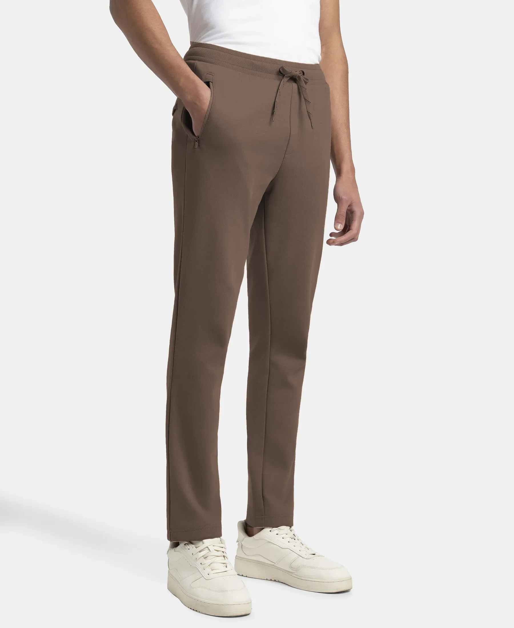 Super Combed Cotton Rich Pique Slim Fit Trackpant with Side Zipper Pockets - Dark Khaki - Image 2