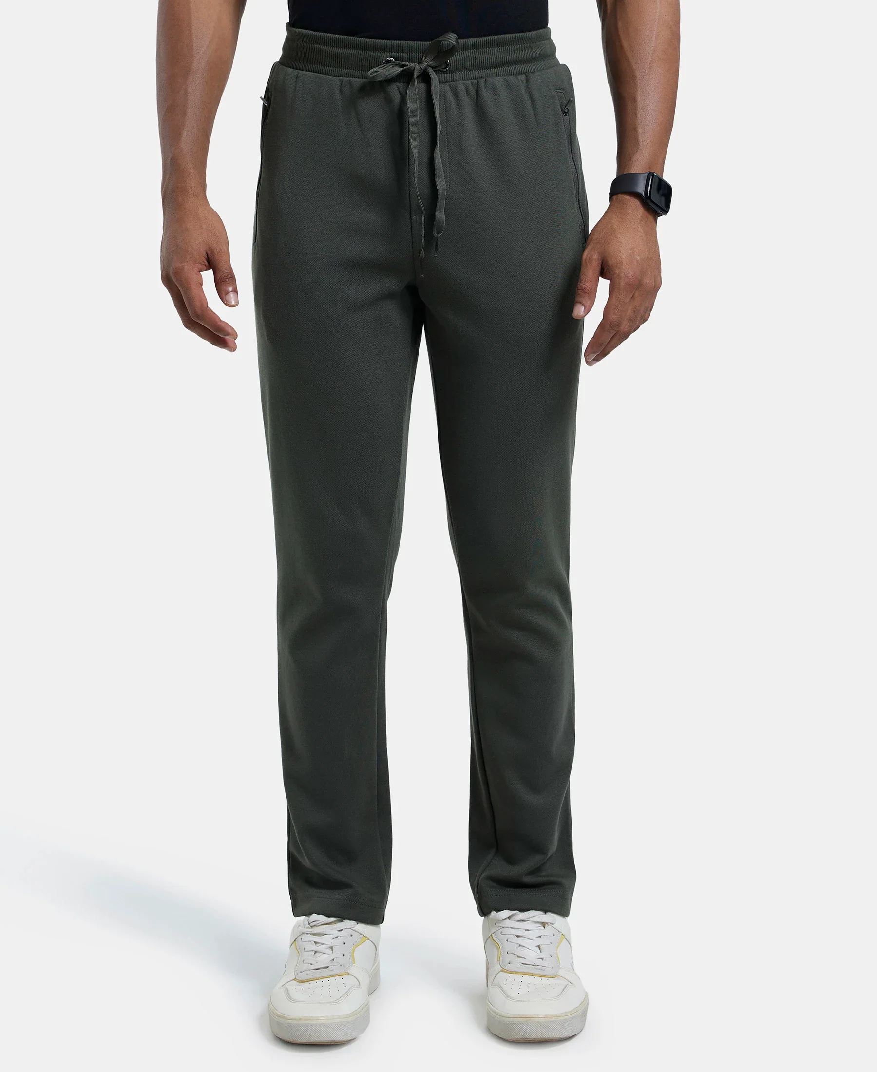 Super Combed Cotton Rich Pique Slim Fit Trackpant with Side Zipper Pockets - Deep Olive