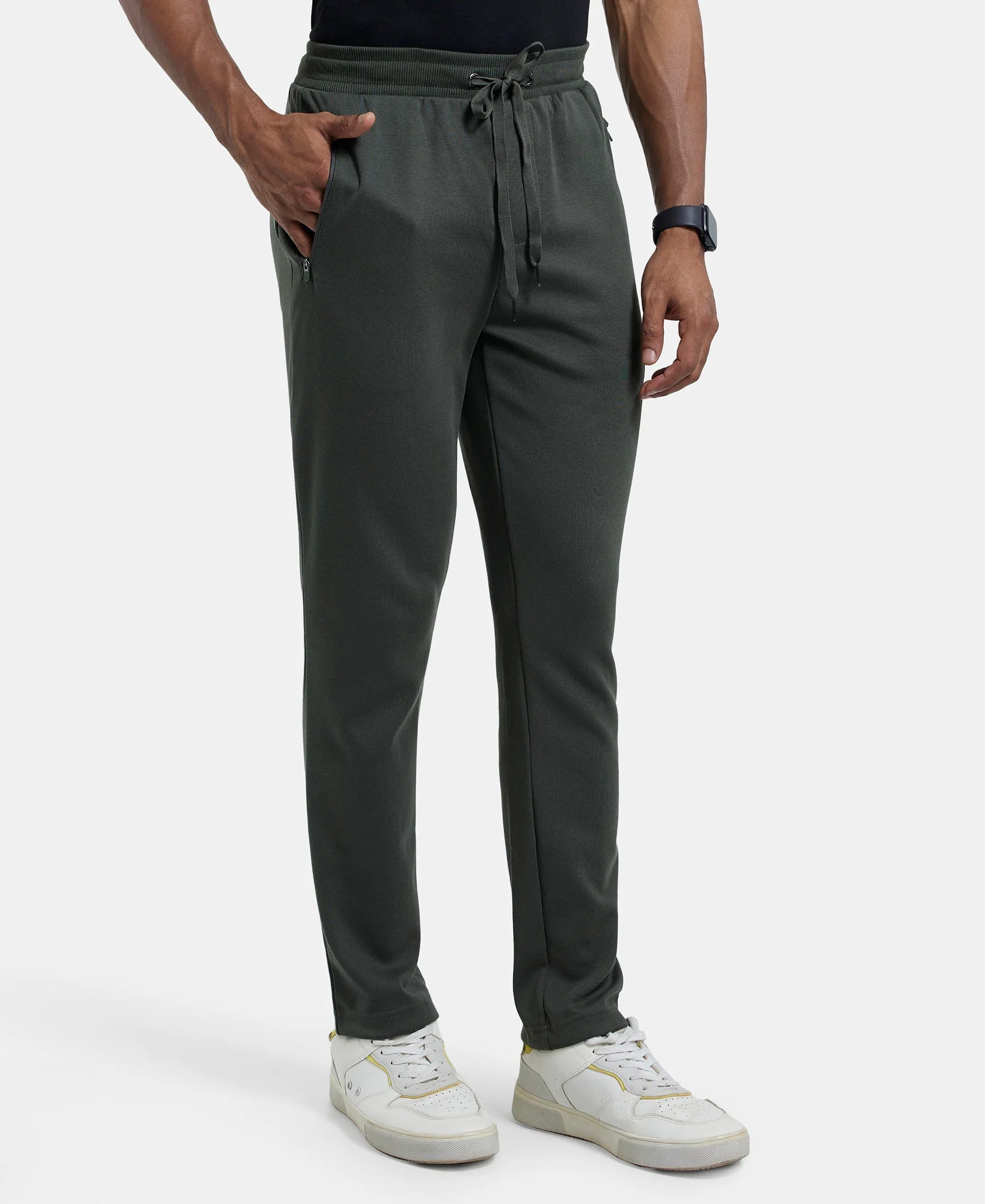 Super Combed Cotton Rich Pique Slim Fit Trackpant with Side Zipper Pockets - Deep Olive - Image 2