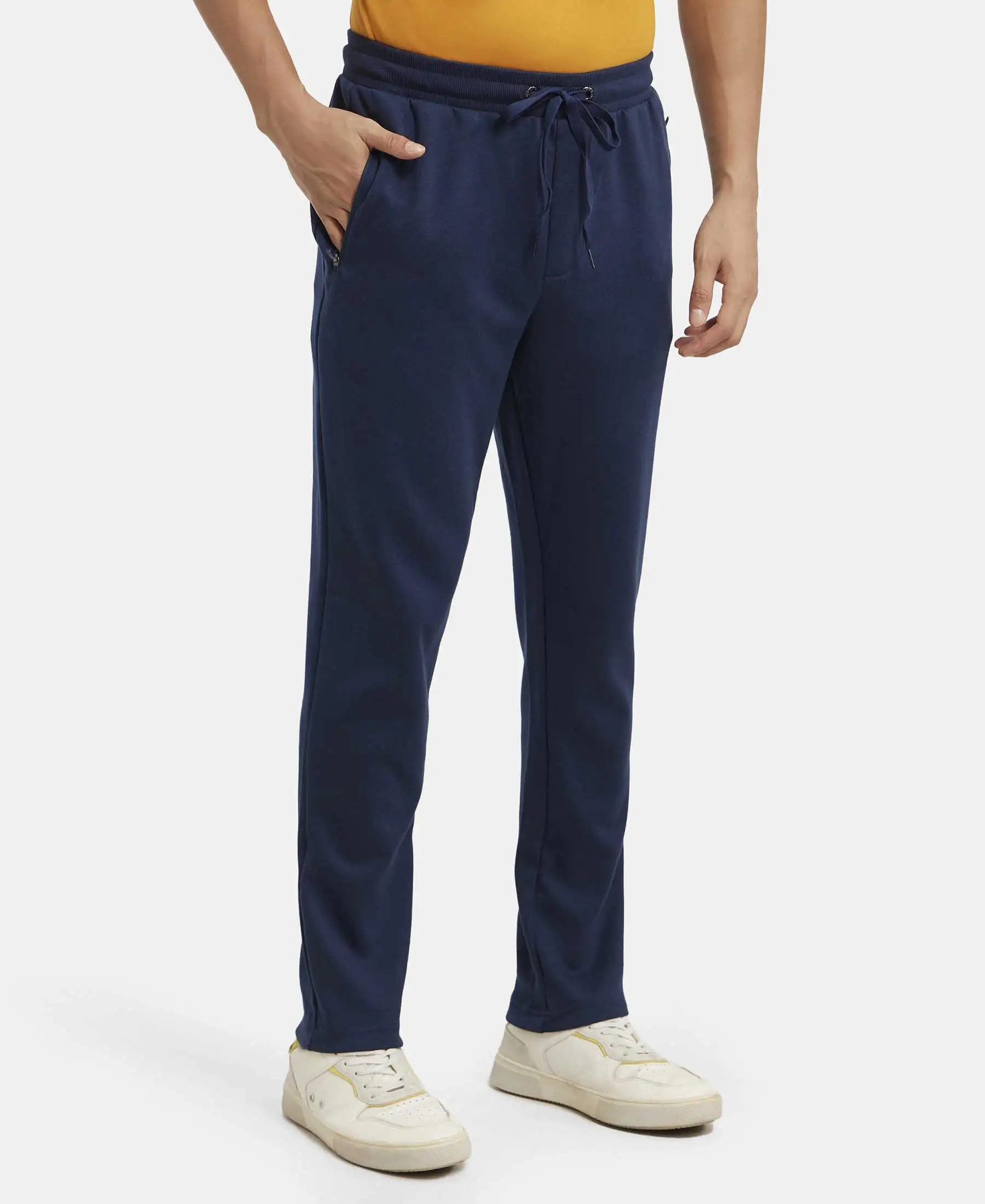 Super Combed Cotton Rich Pique Slim Fit Trackpant with Side Zipper Pockets - Navy - Image 2