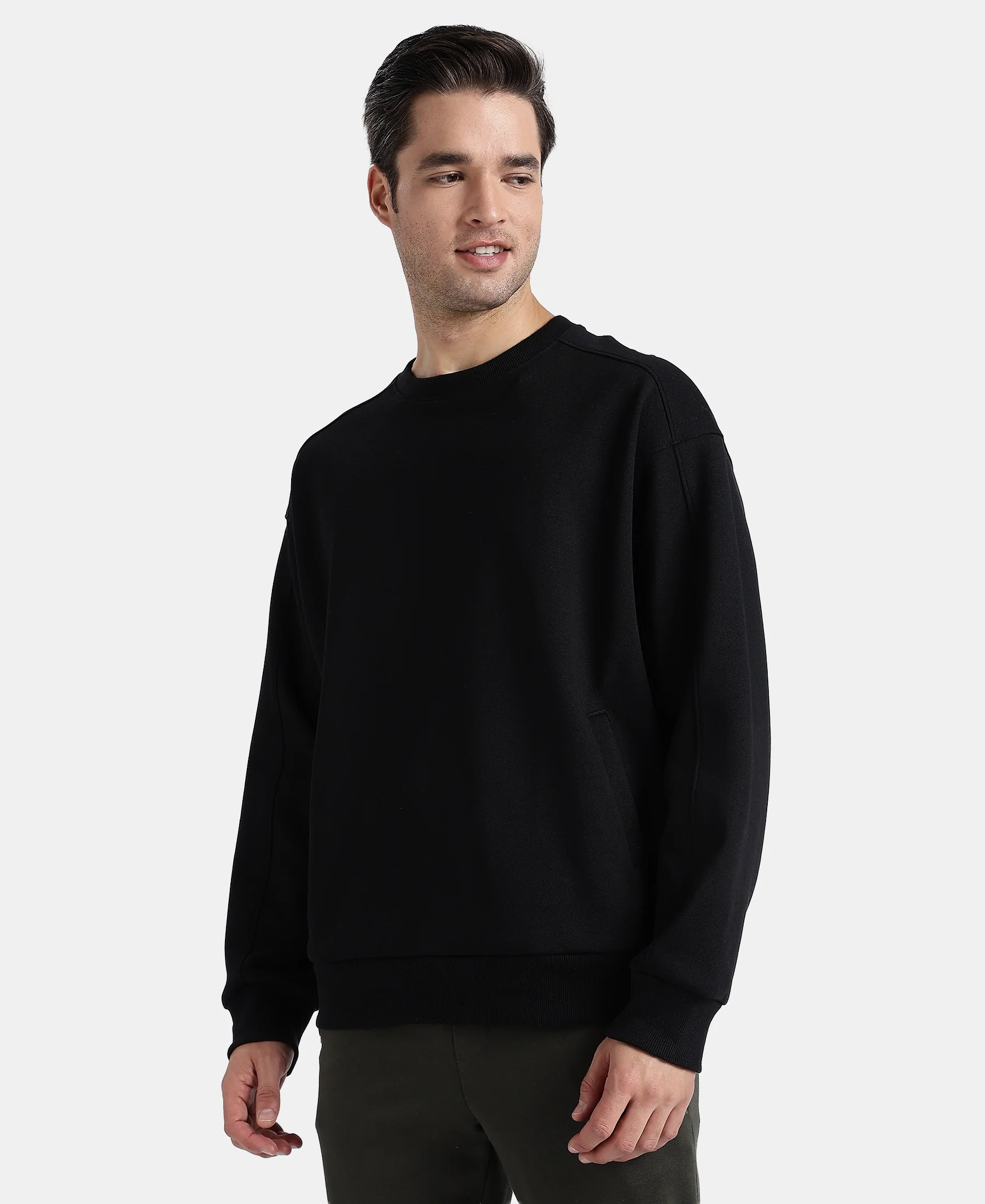 Super Combed Cotton Rich Pique Sweatshirt With Ribbed Cuffs - Black - Image 2