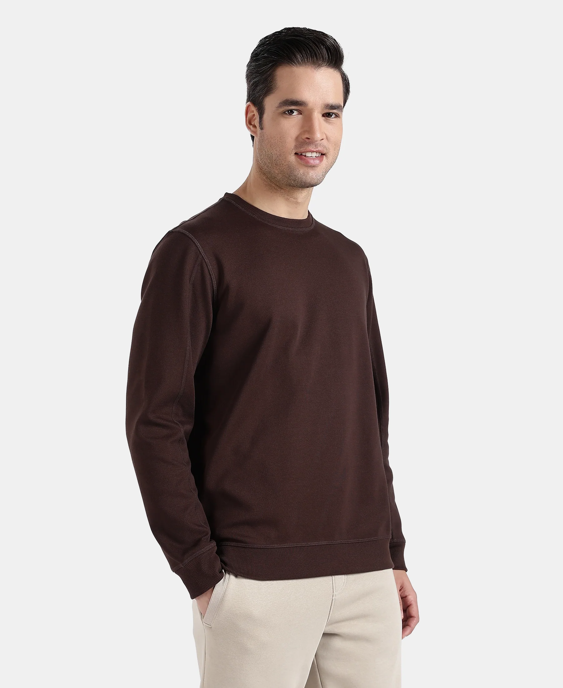 Super Combed Cotton Rich Pique Sweatshirt with Ribbed Cuffs - Java - Image 2